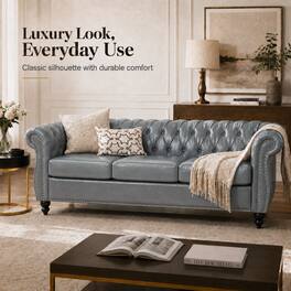 Anysun - 84" Faux Leather 3-Seat Chesterfield Sofa - Rolled Arm, Deep Seating, Button Tufted for Living Room & Office - Gray