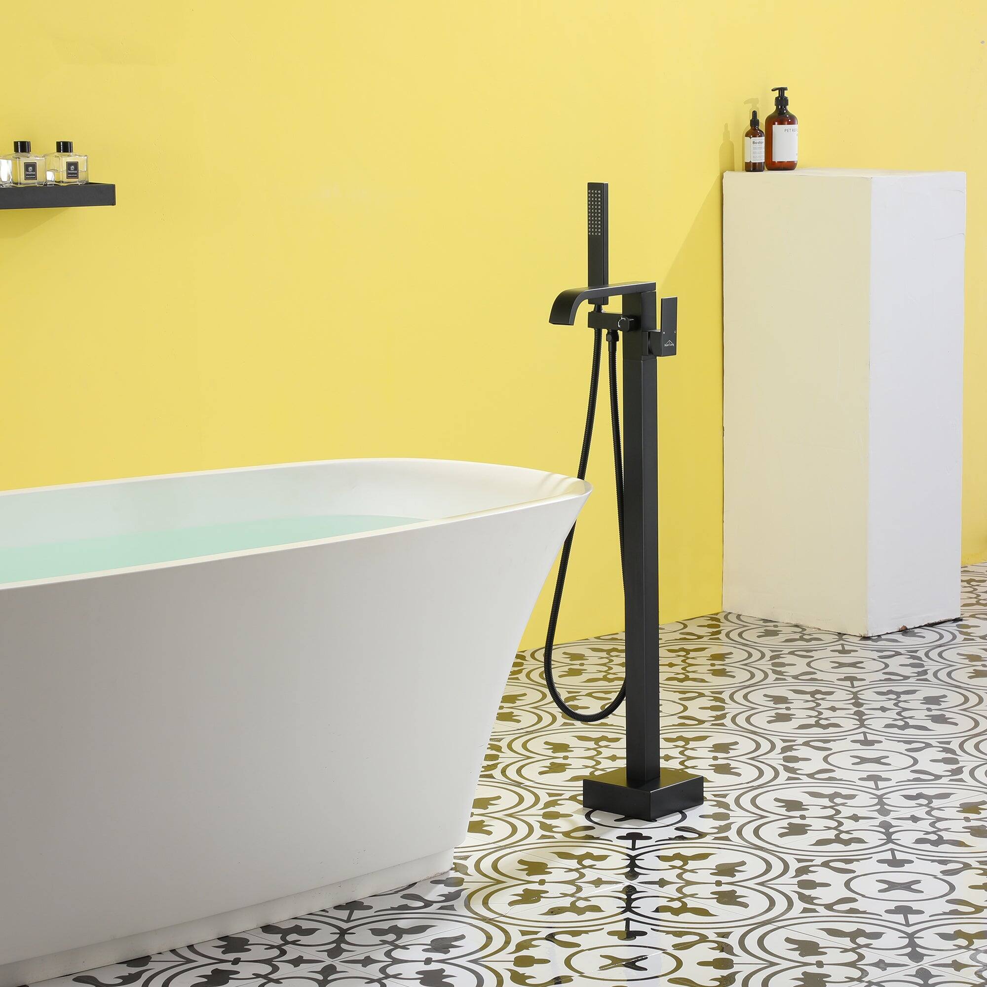 Alt View 3. Boyel Living - Freestanding Floor Mount Single Handle Bath Tub Filler Faucet with Handheld Shower in Matte Black - Matte Black.