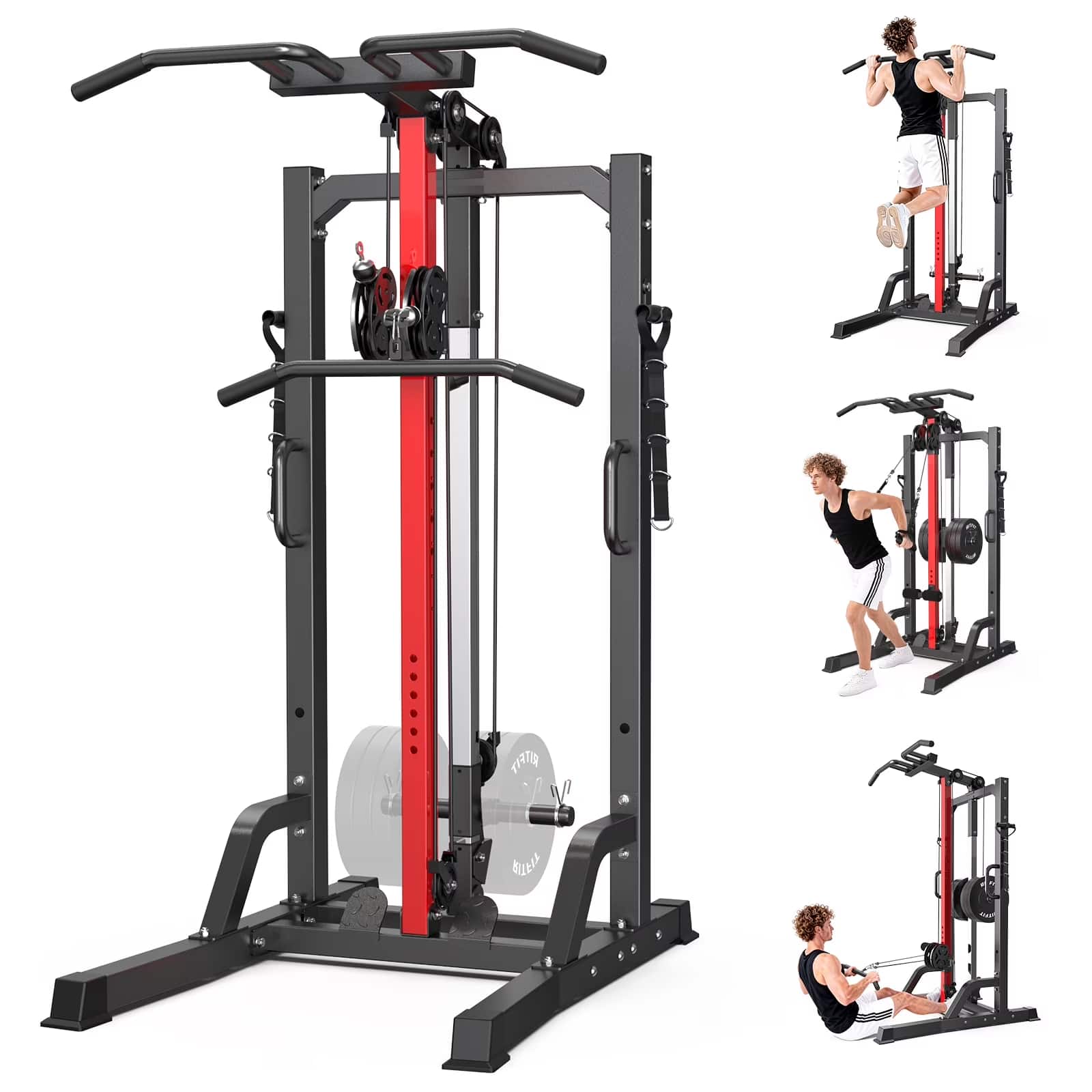 Pooboo - Pull Up Bar Power Tower Dip Station,Cable Machine-Integrated 450LBS Multi-Function Adjustable Height Fitness Strength Tr - Black