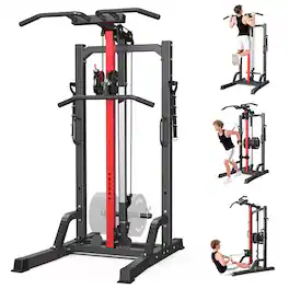 Pooboo - Pull Up Bar Power Tower Dip Station,Cable Machine-Integrated 450LBS Multi-Function Adjustable Height Fitness Strength Tr - Black