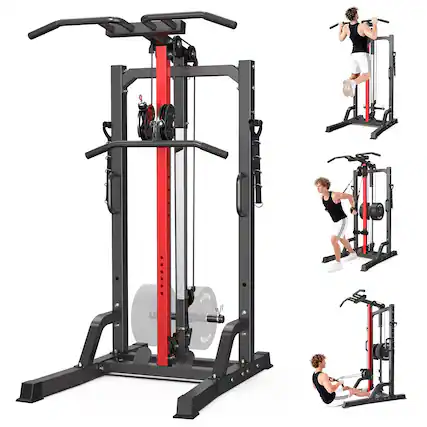 Front. Pooboo - Pull Up Bar Power Tower Dip Station,Cable Machine-Integrated 450LBS Multi-Function Adjustable Height - Black.