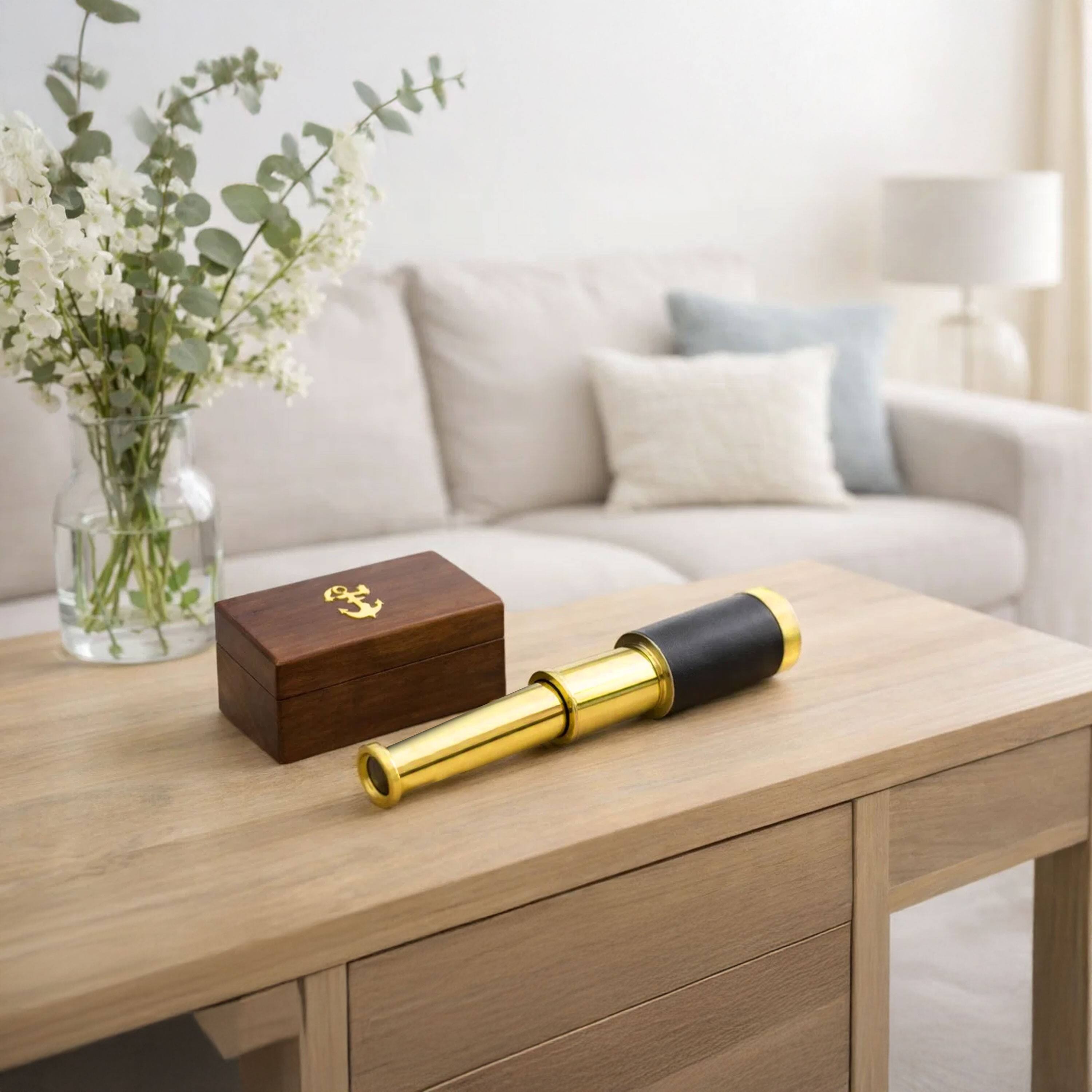 Alt View 7. Manhattan Lane - Small Brass Telescope with Pullout Wooden Box - Gold and Brown.