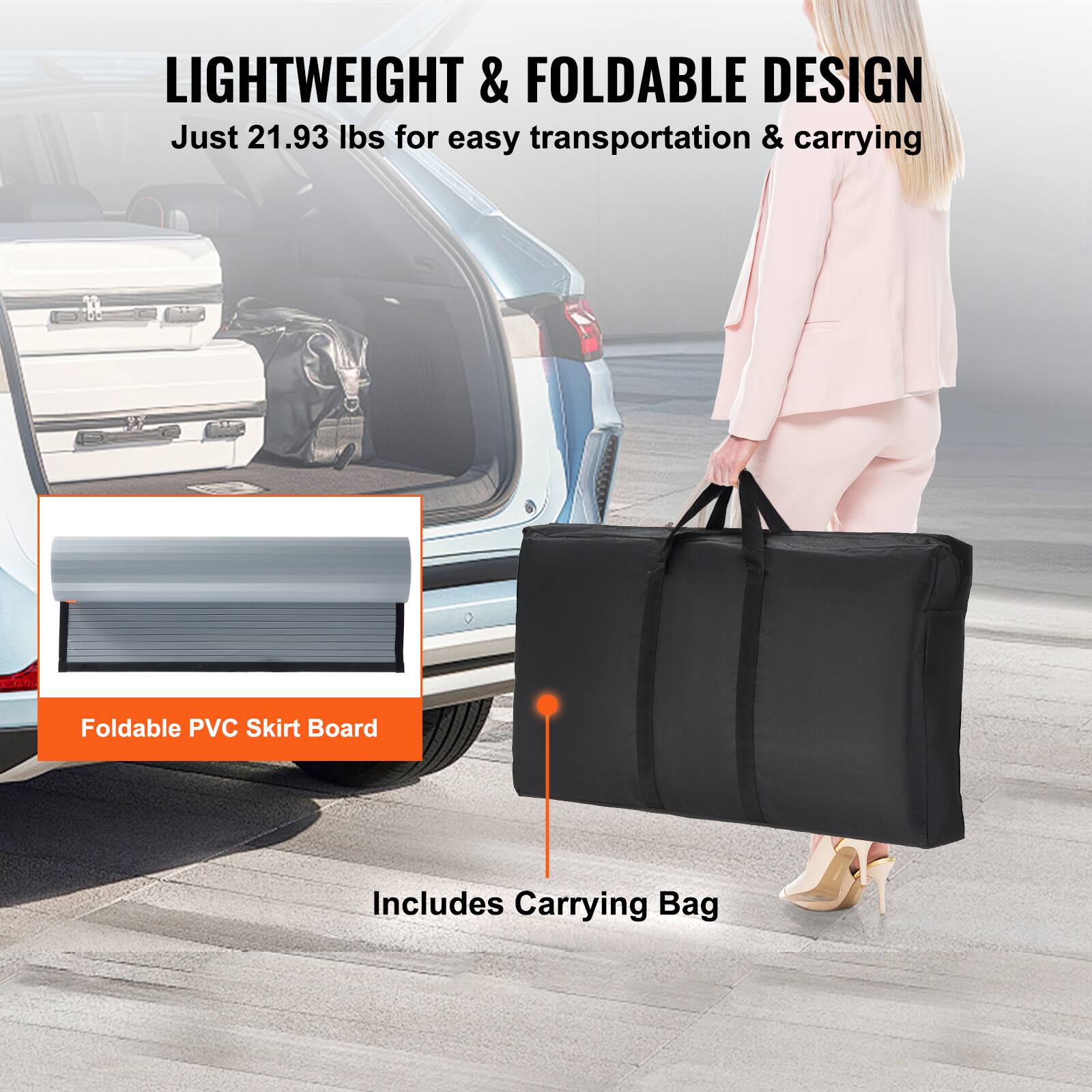 LIGHTWEIGHT & FOLDABLE DESIGN  
Just 21.93 lbs for easy transportation & carrying  

Foldable PVC Skirt Board  
Includes Carrying Bag
