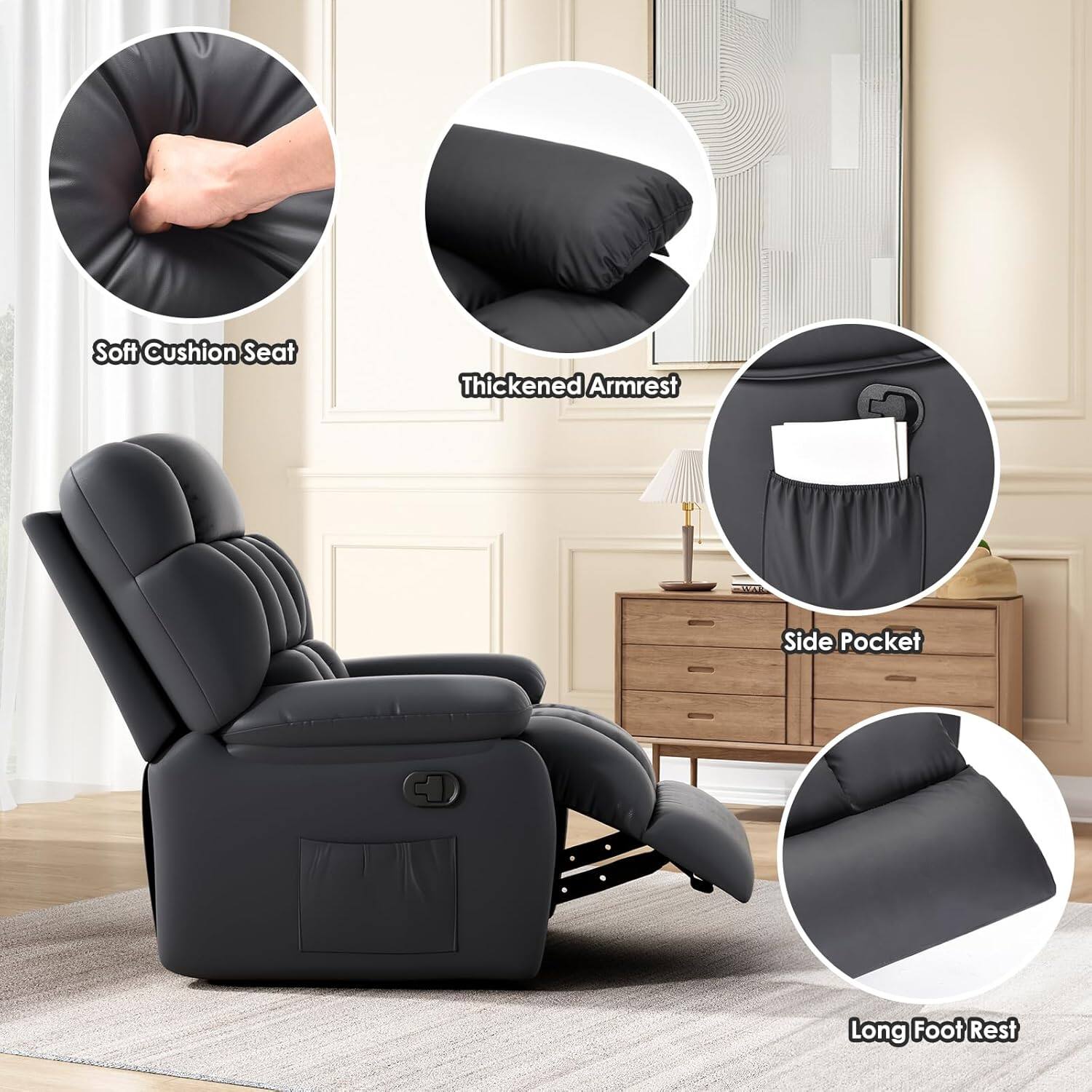 Soft Cushion Seat  
Thickened Armrest  
Side Pocket  
Long Foot Rest