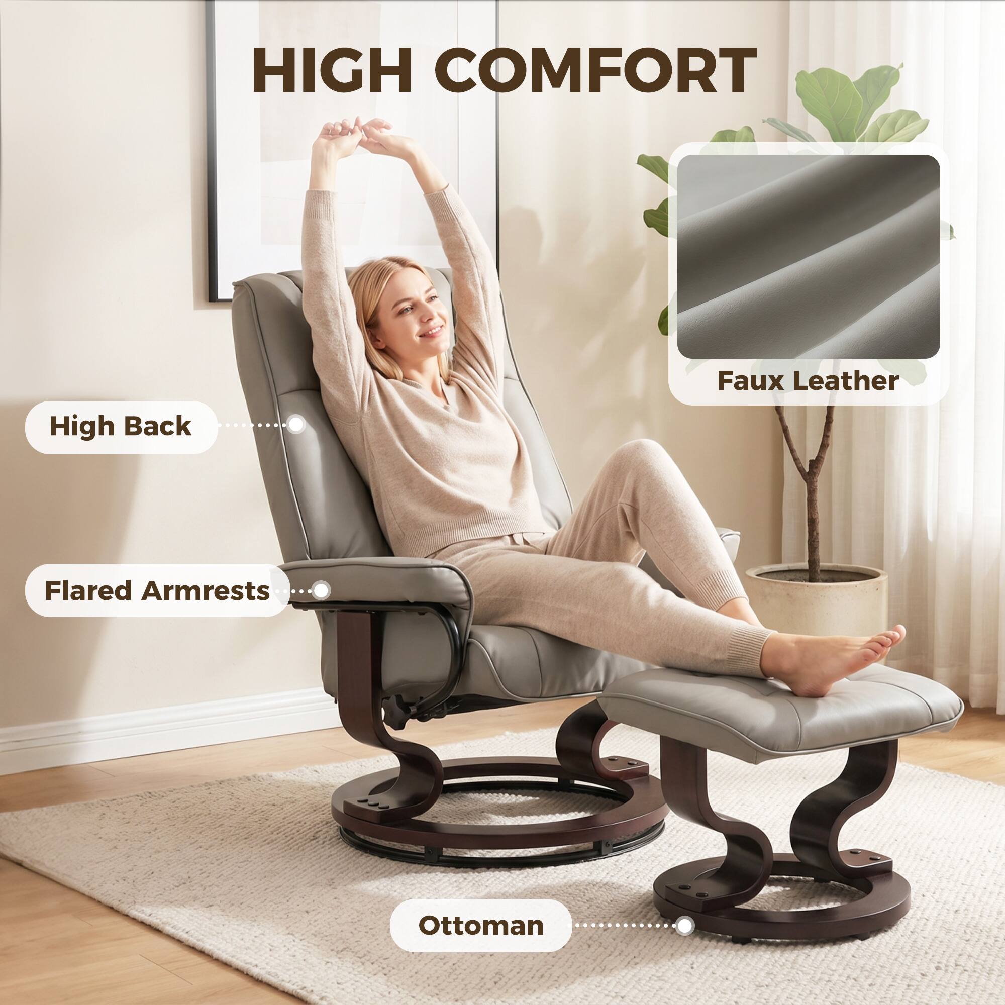 HIGH COMFORT  
High Back Faux Leather Flared Armrests Ottoman
