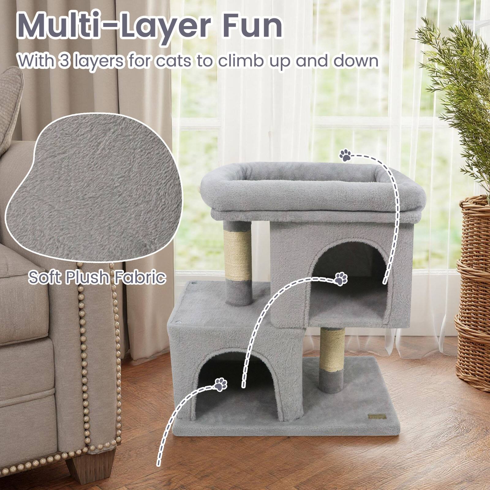 Multi-Layer Fun  
With 3 layers for cats to climb up and down  

Soft Plush Fabric