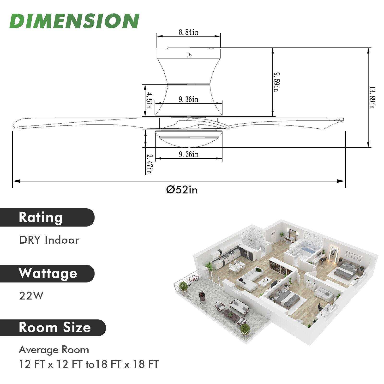 DIMENSION  
8.84in  
4.5in  
9.36in  
9.59in  
13.89in  
2.47in  
9.36in  
52in  

Rating: DRY Indoor  
Wattage: 22W  
Room Size: Average Room 12 FT x 12 FT to 18 FT x 18 FT