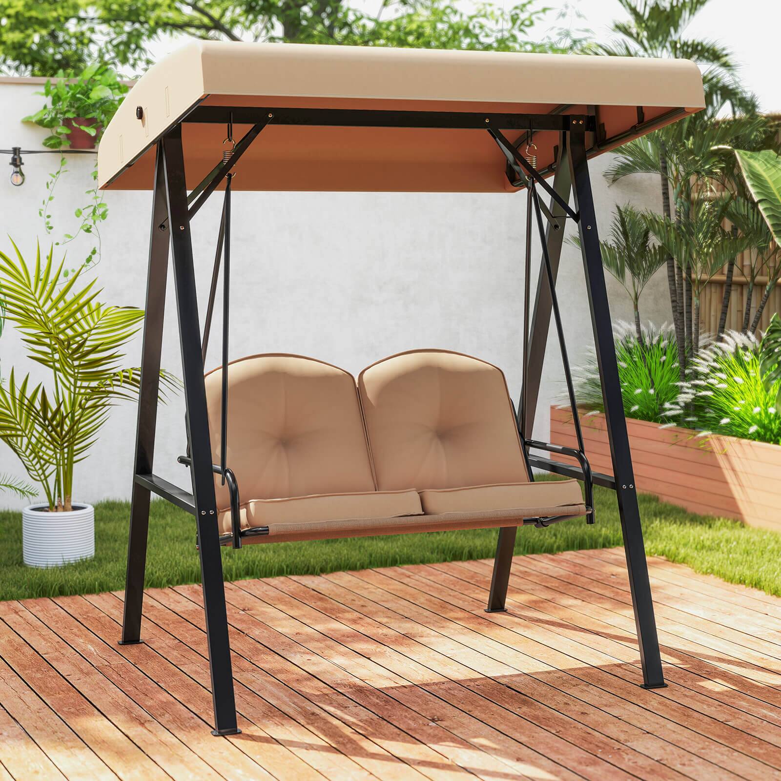 Alt View 1. Costway - Costway 2-Person Outdoor Porch Swing Swing Loveseat with A-Shaped Metal Stand - Beige.