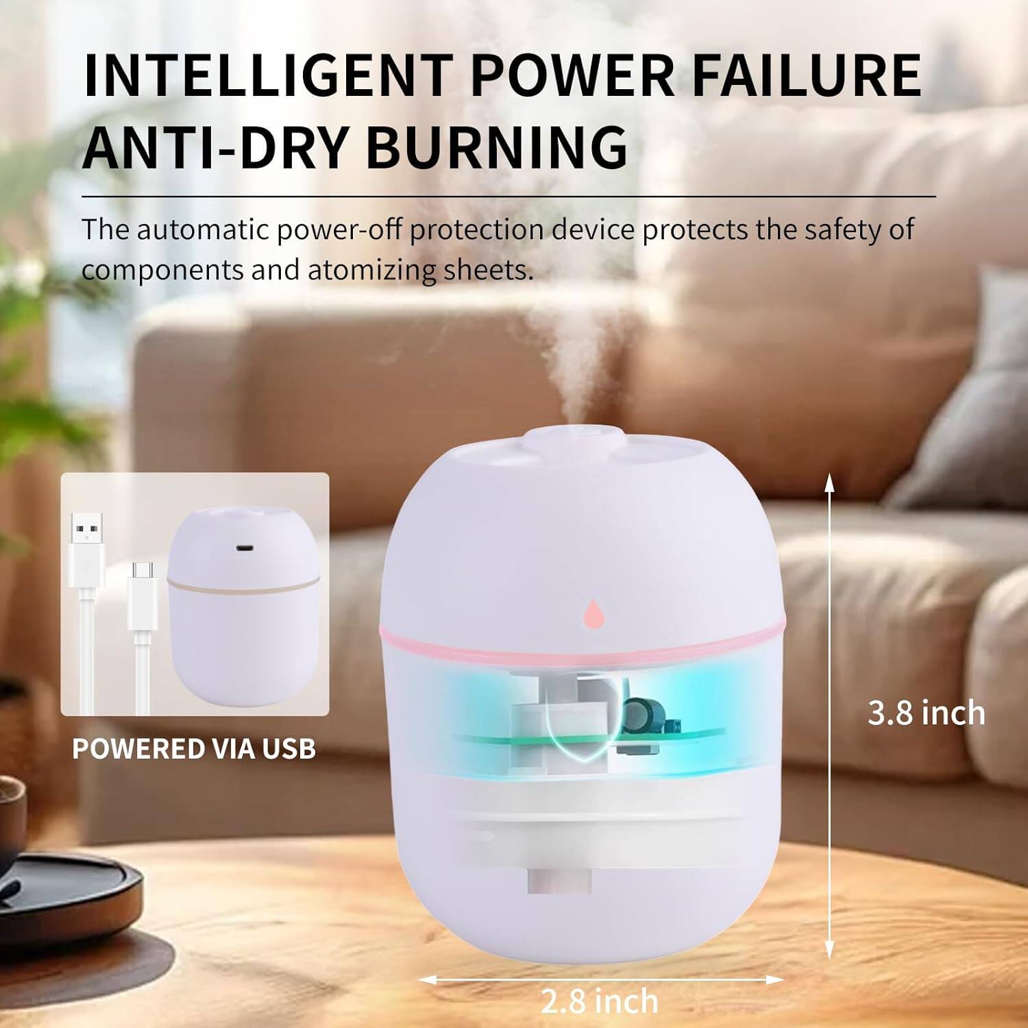 INTELLIGENT POWER FAILURE ANTI-DRY BURNING

The automatic power-off protection device protects the safety of components and atomizing sheets.

POWERED VIA USB

3.8 inch

2.8 inch