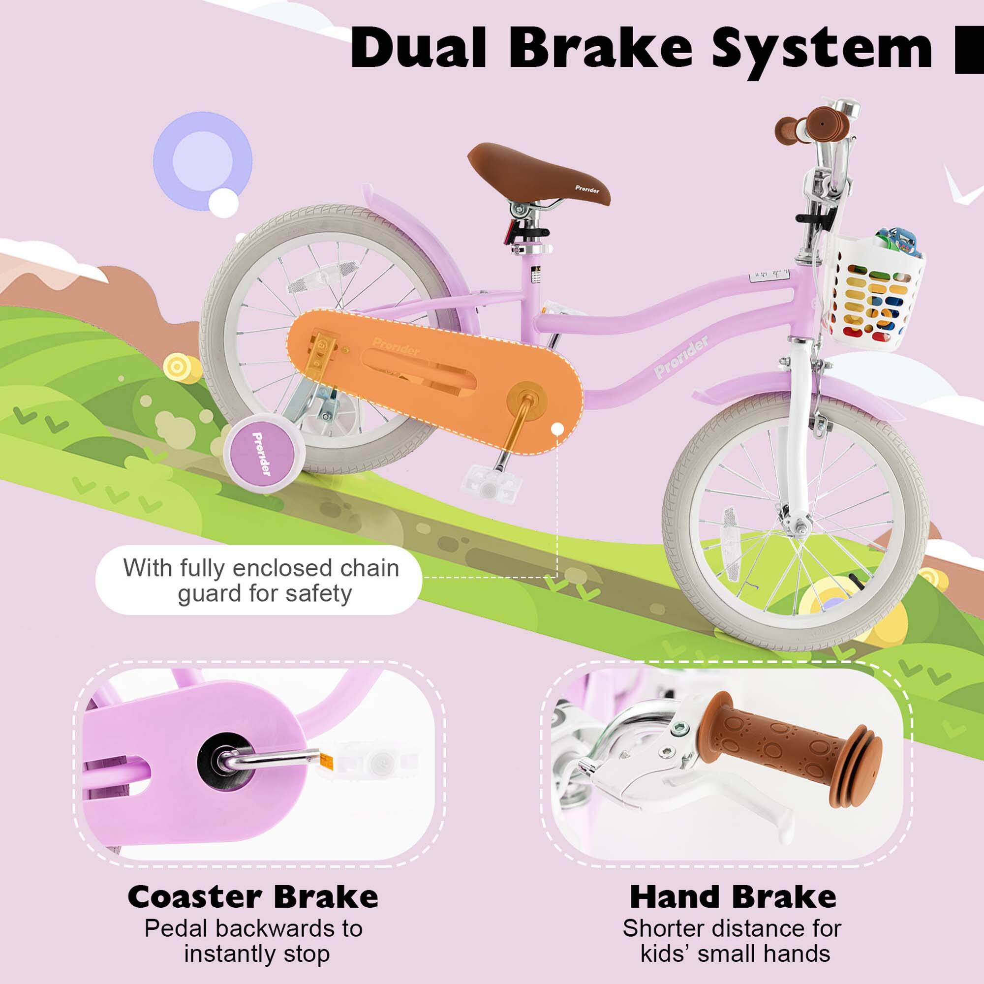 Dual Brake System

With fully enclosed chain guard for safety

Coaster Brake
Pedal backwards to instantly stop

Hand Brake
Shorter distance for kids' small hands
