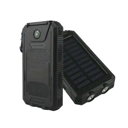 Front. Home Collection - Black Portable Solar Power Bank – 10,000mAh Super USB Rechargeable Battery Charger for Cell Phones and USB Devices.