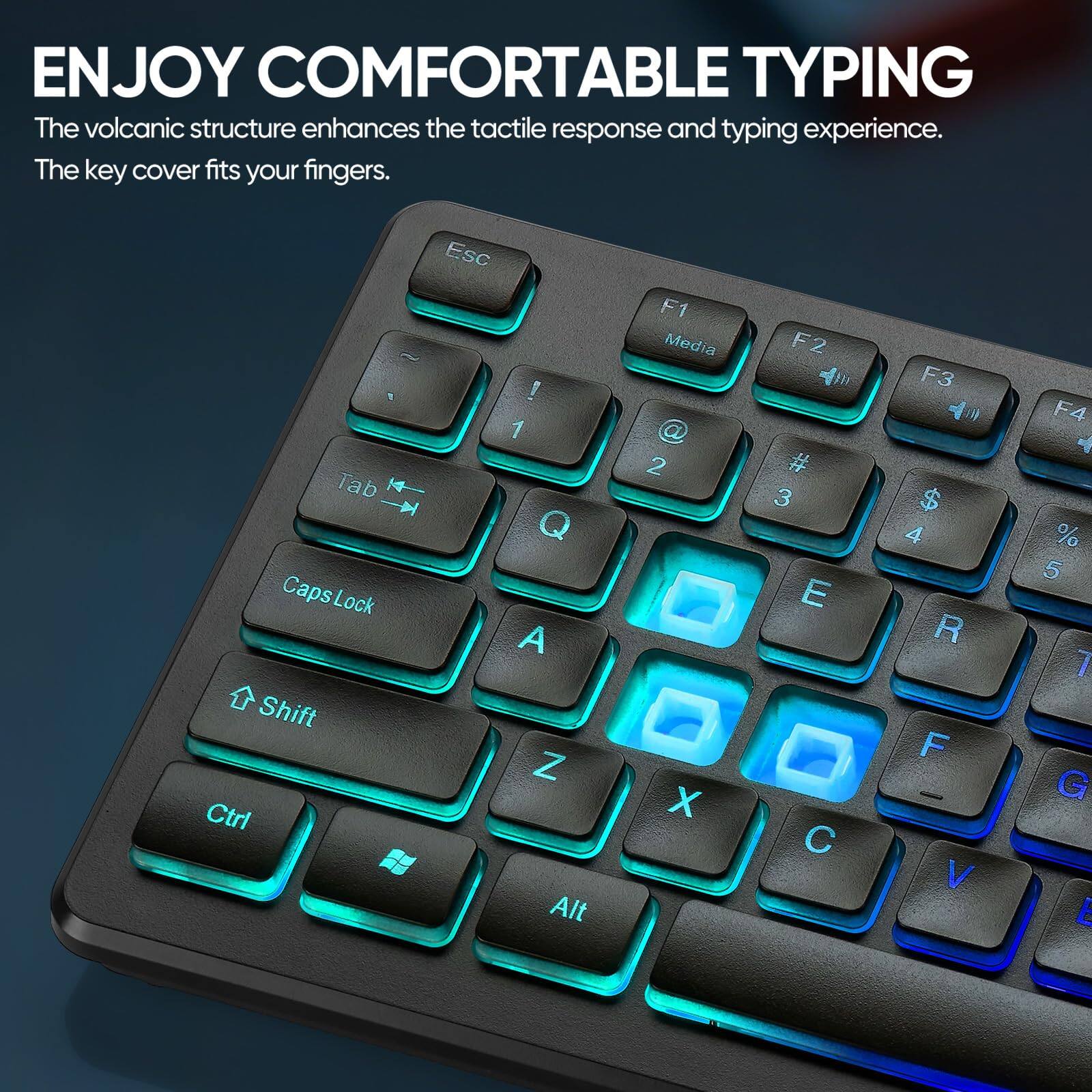 ENJOY COMFORTABLE TYPING

The volcanic structure enhances the tactile response and typing experience. The key cover fits your fingers.

Esc Tab Caps Lock Shift Ctrl Alt

1 Q A Z

2 W S X

3 E D C

4 R F V

5 T G