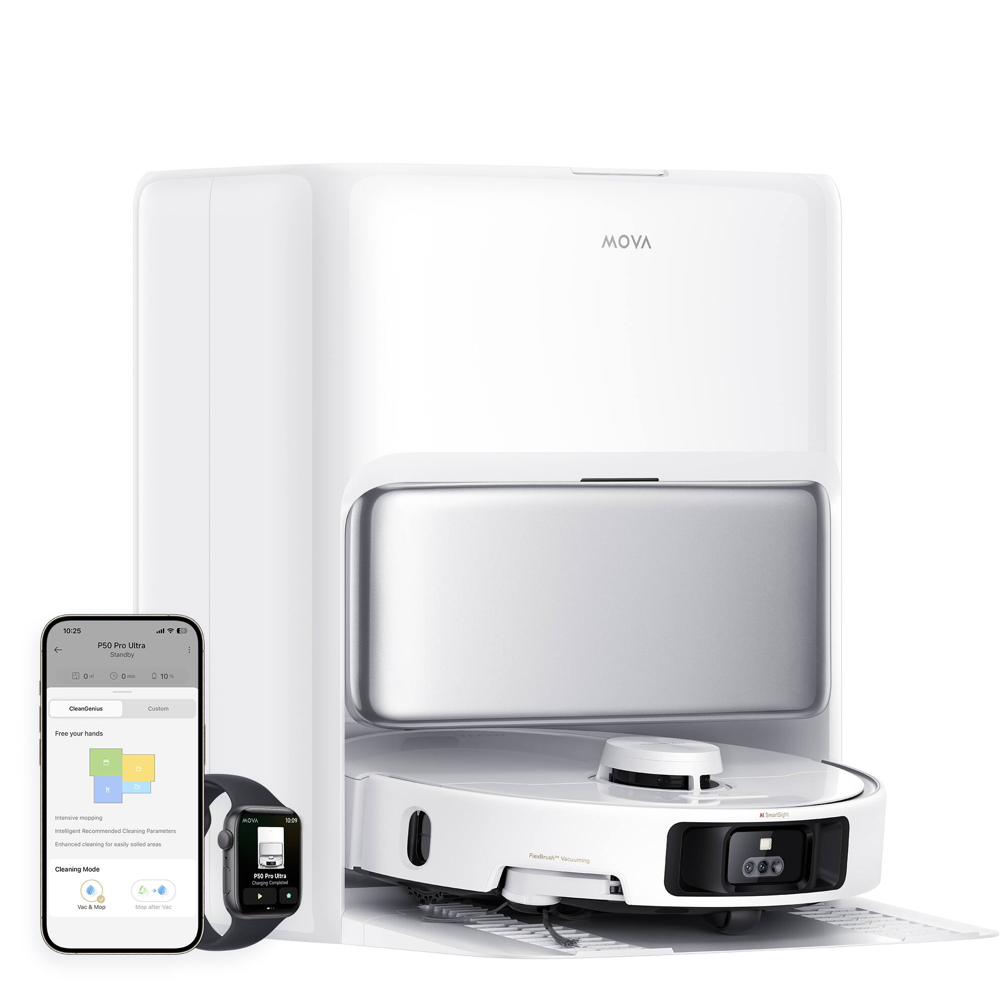 MOVA  
10:25  
9 ED  
P50 Pro Ultra Standby  
0%  
10%  
CleanGenics  
Custom  
Free your hands  
-  
Intensive mopping  
Intelligent Recommended Cleaning Parameters  
Enhanced cleaning for easy solid areas  
Cleaning Mode  
Vac & Mop  
After You  
POD Protes - YOU with Company  
FiedBrah Resuming  
You (&Mi) May  
May alleries You