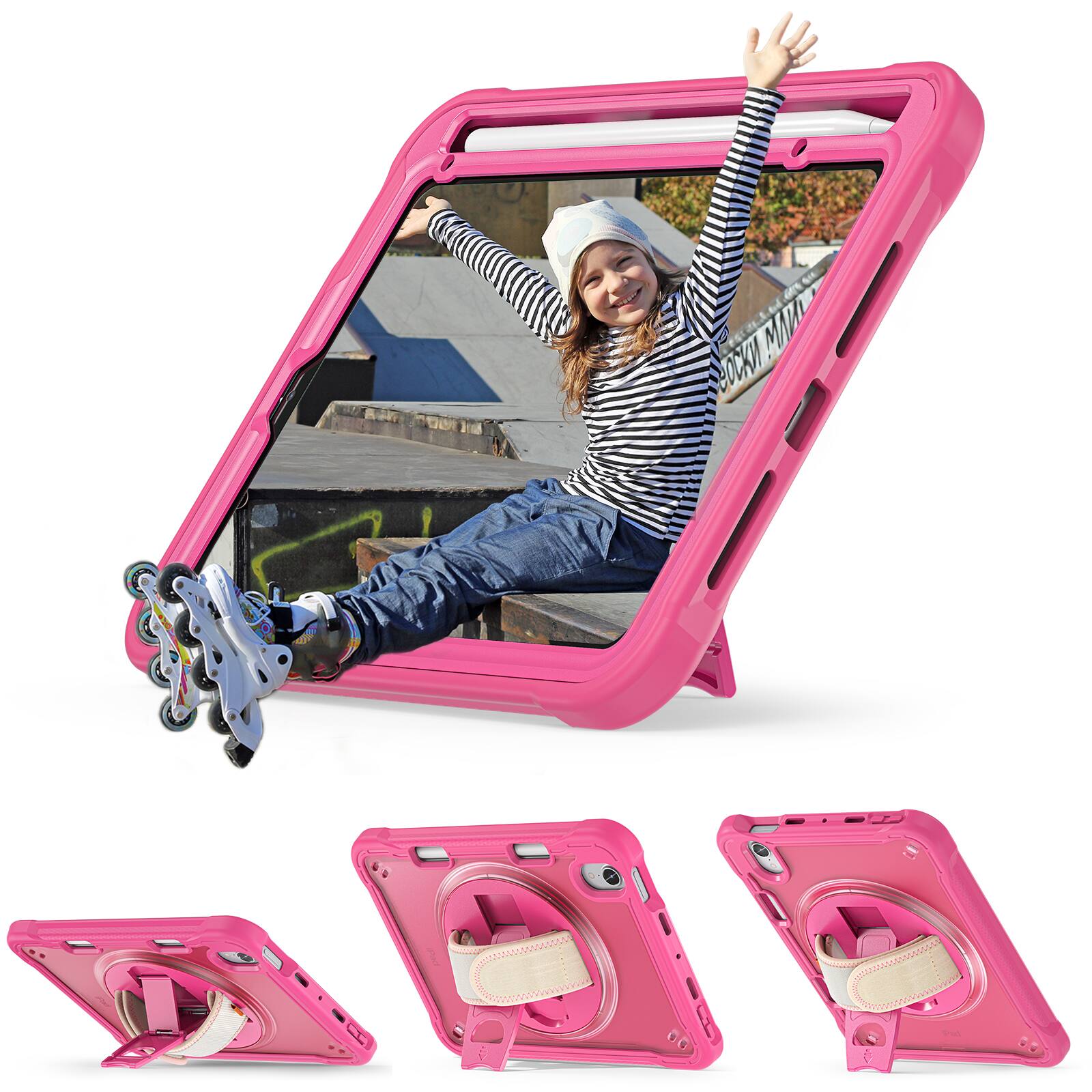 Left. UUCOVER - Built-in Screen Protector Case for iPad mini A17 Pro / mini 6th Gen,Shockproof TPU+PC Case Stand Cover+Shoulder Strap - Rose.