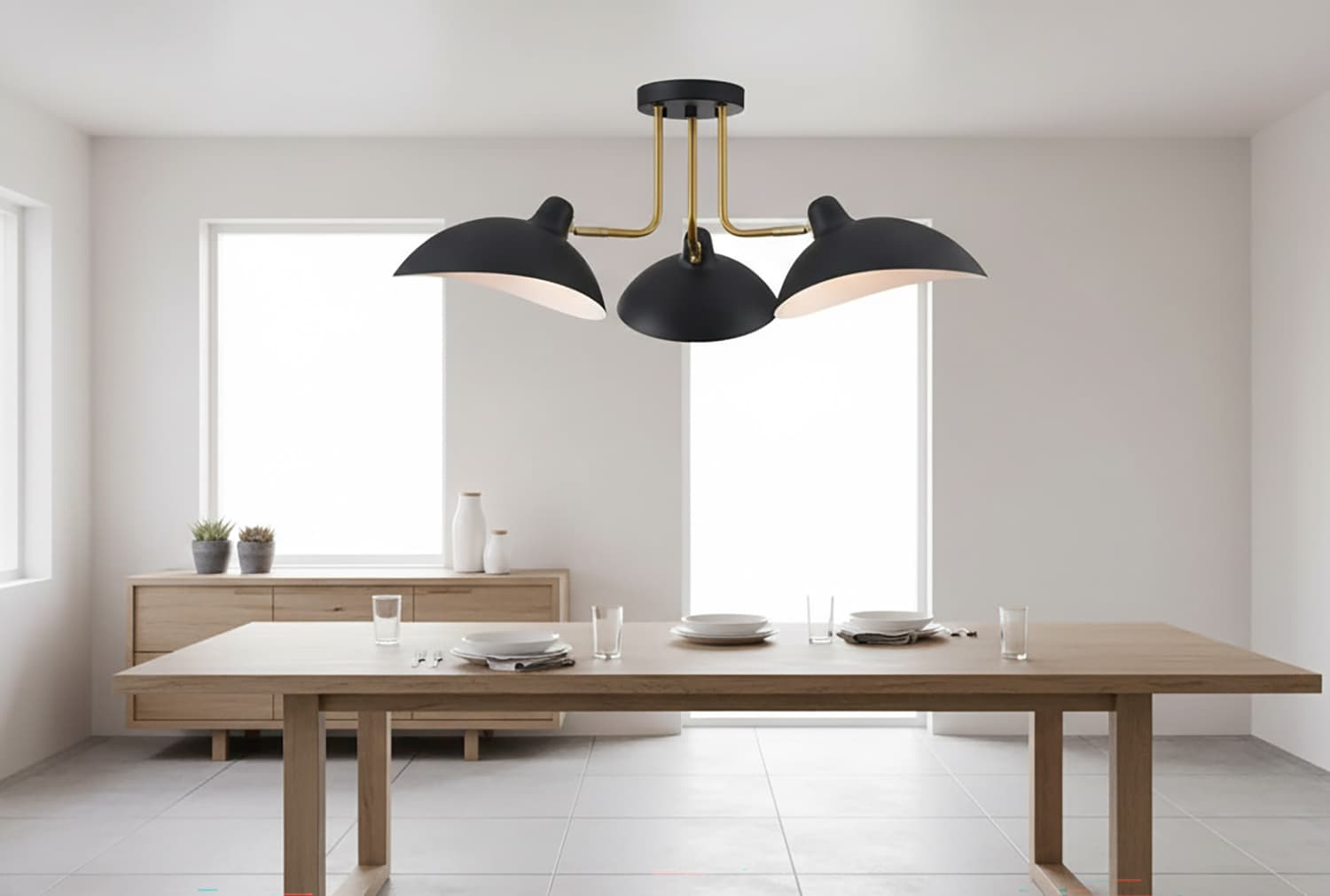 Alt View 2. FINEAK - 27.5" Matte Black 3-Light Adjustable Semi-Flush Ceiling Light.