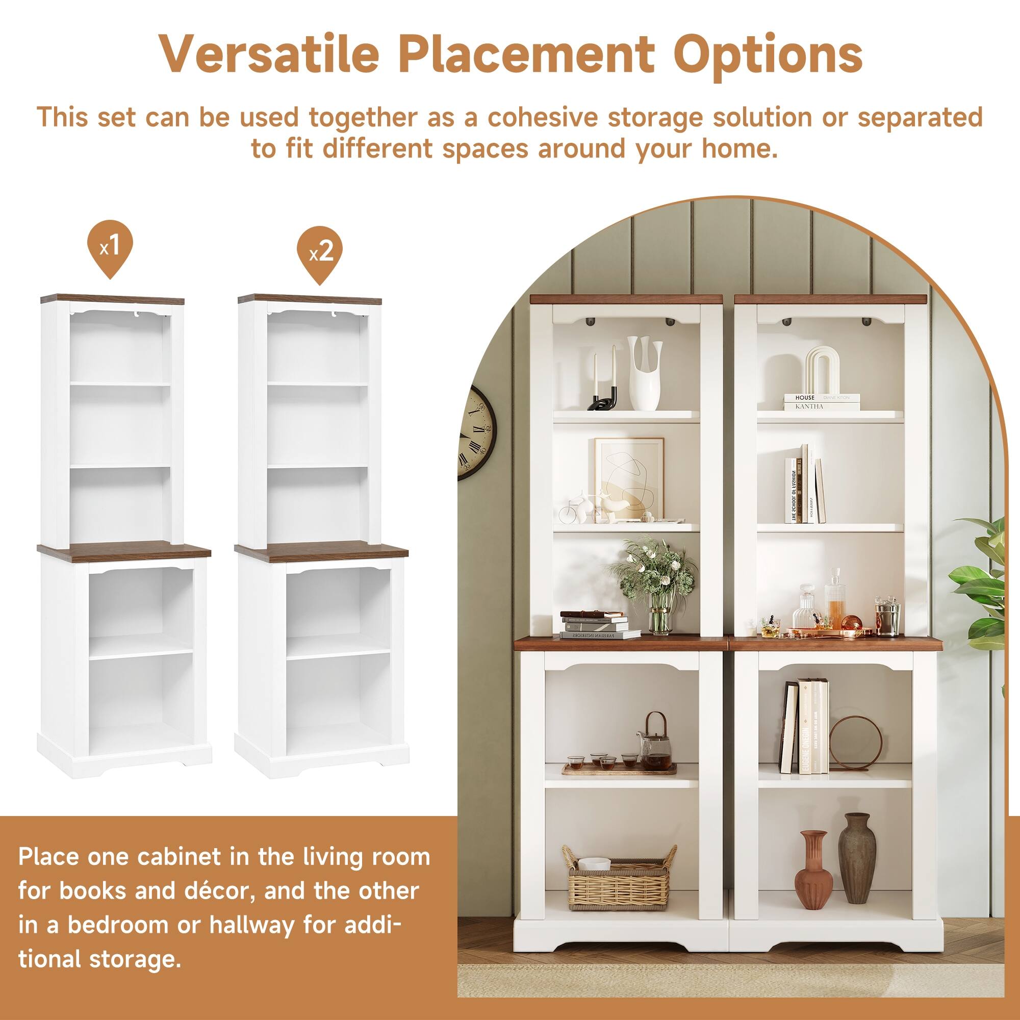 Versatile Placement Options

This set can be used together as a cohesive storage solution or separated to fit different spaces around your home.

x1 x2

Place one cabinet in the living room for books and décor, and the other in a bedroom or hallway for additional storage.