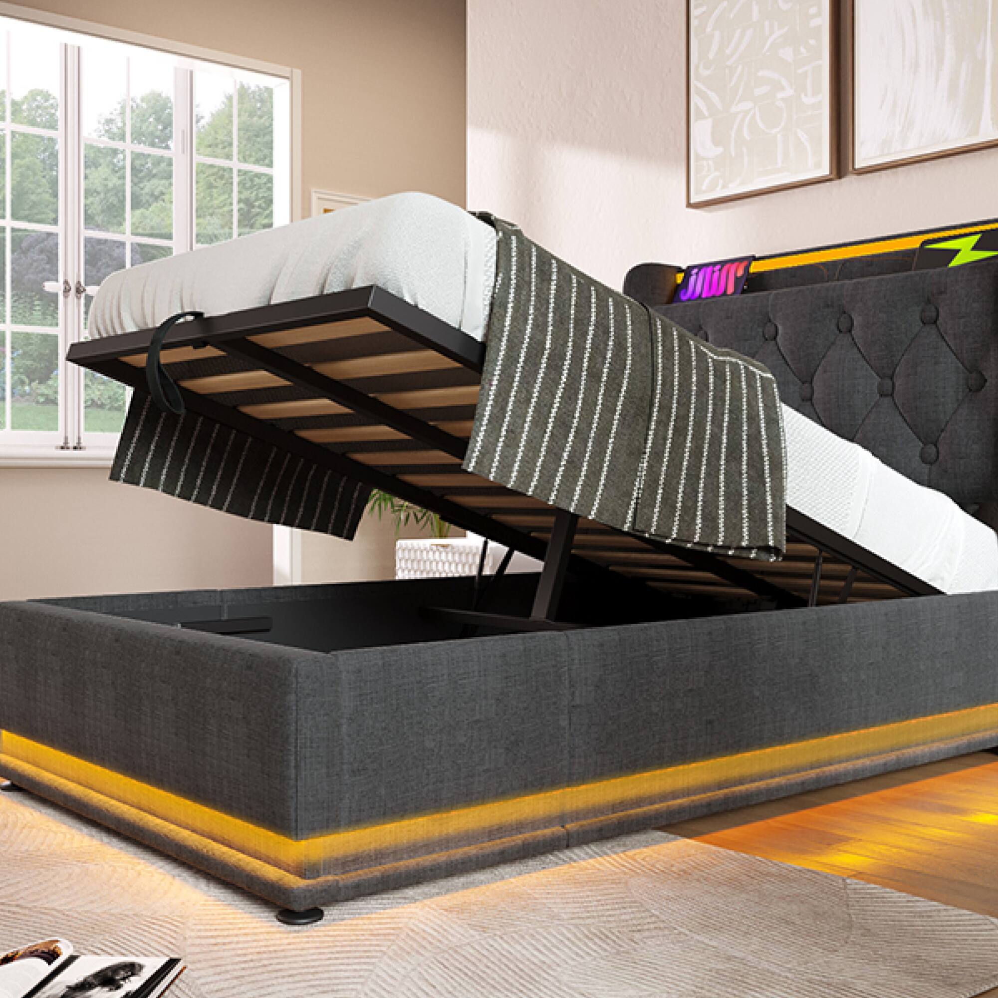 Alt View 8. GOODSILO - Twin Size Upholstered Bed Frame with LED Lighting and Hydraulic Storage - Gray.