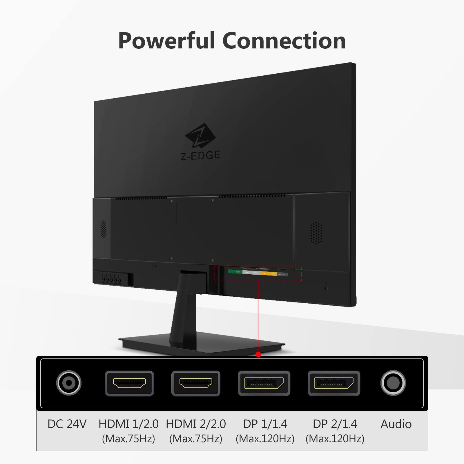 Powerful Connection

Z-EDGE

DC 24V  
HDMI 1/2.0 (Max.75Hz)  
HDMI 2/2.0 (Max.75Hz)  
DP 1/1.4 (Max.120Hz)  
DP 2/1.4 (Max.120Hz)  
Audio