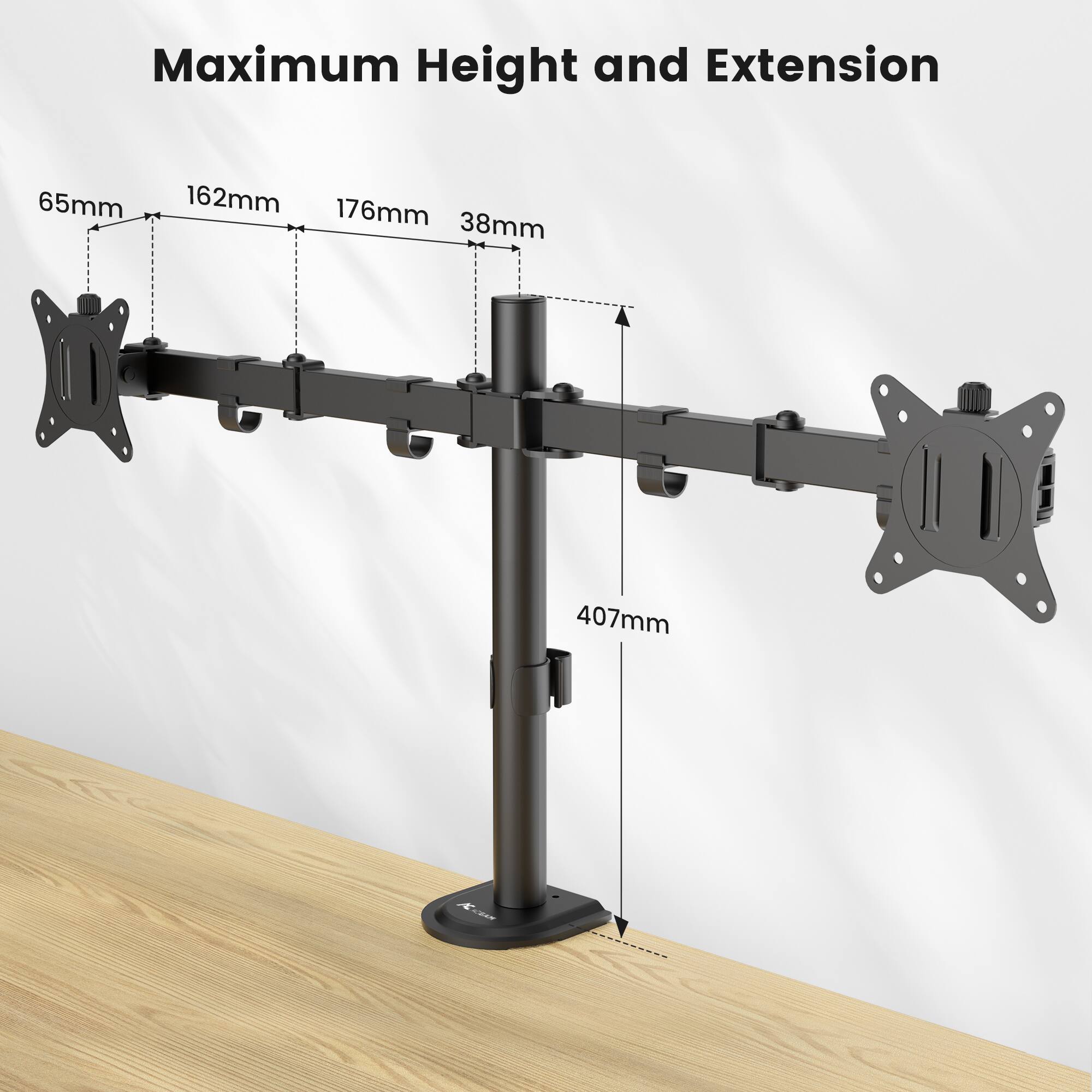 Maximum Height and Extension: 65mm (162mm) 176mm (38mm) 407mm