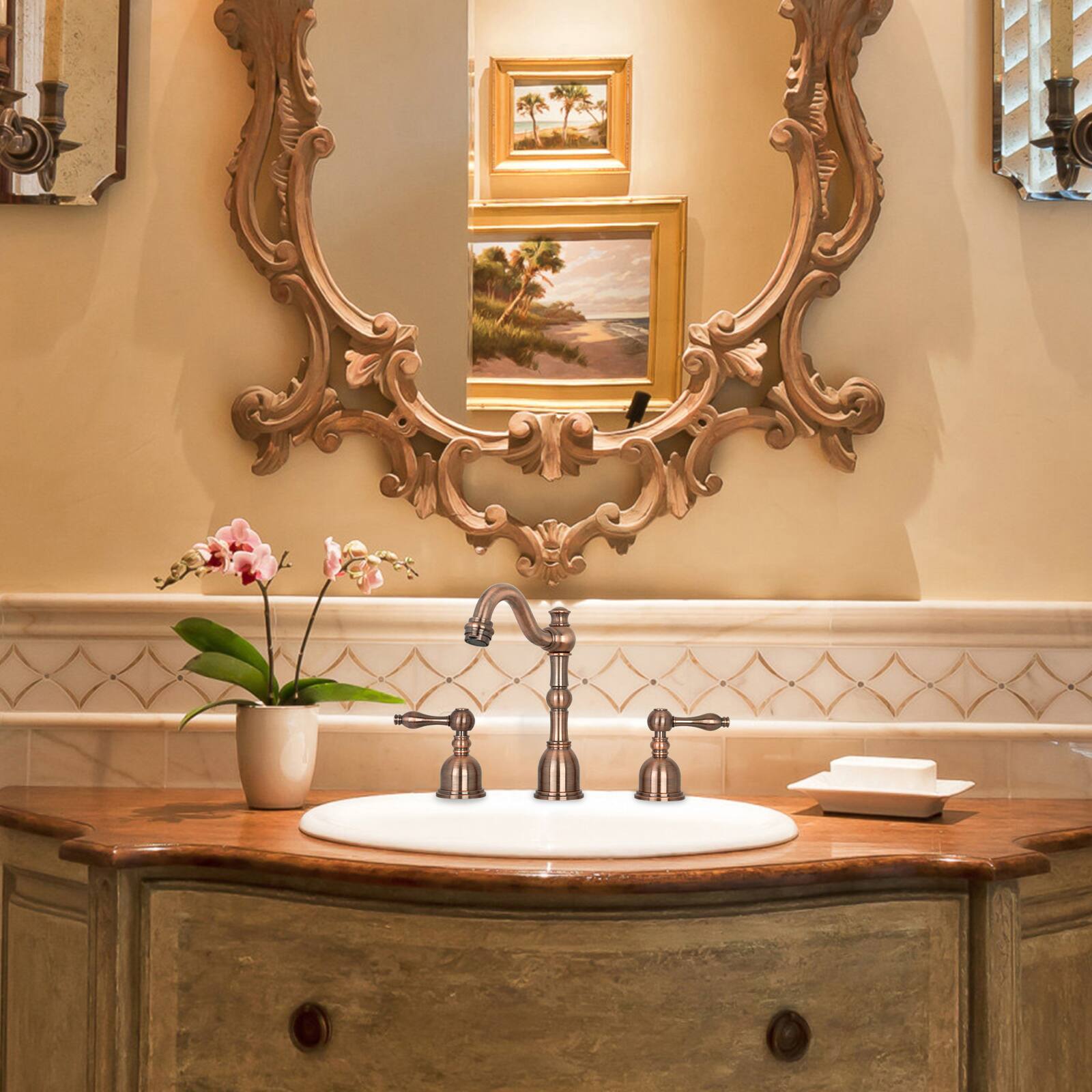 Alt View 6. Akicon - Akicon 8 inch Two-Handles Widespread Bathroom Sink Faucet in Antique Copper - Antique Copper.