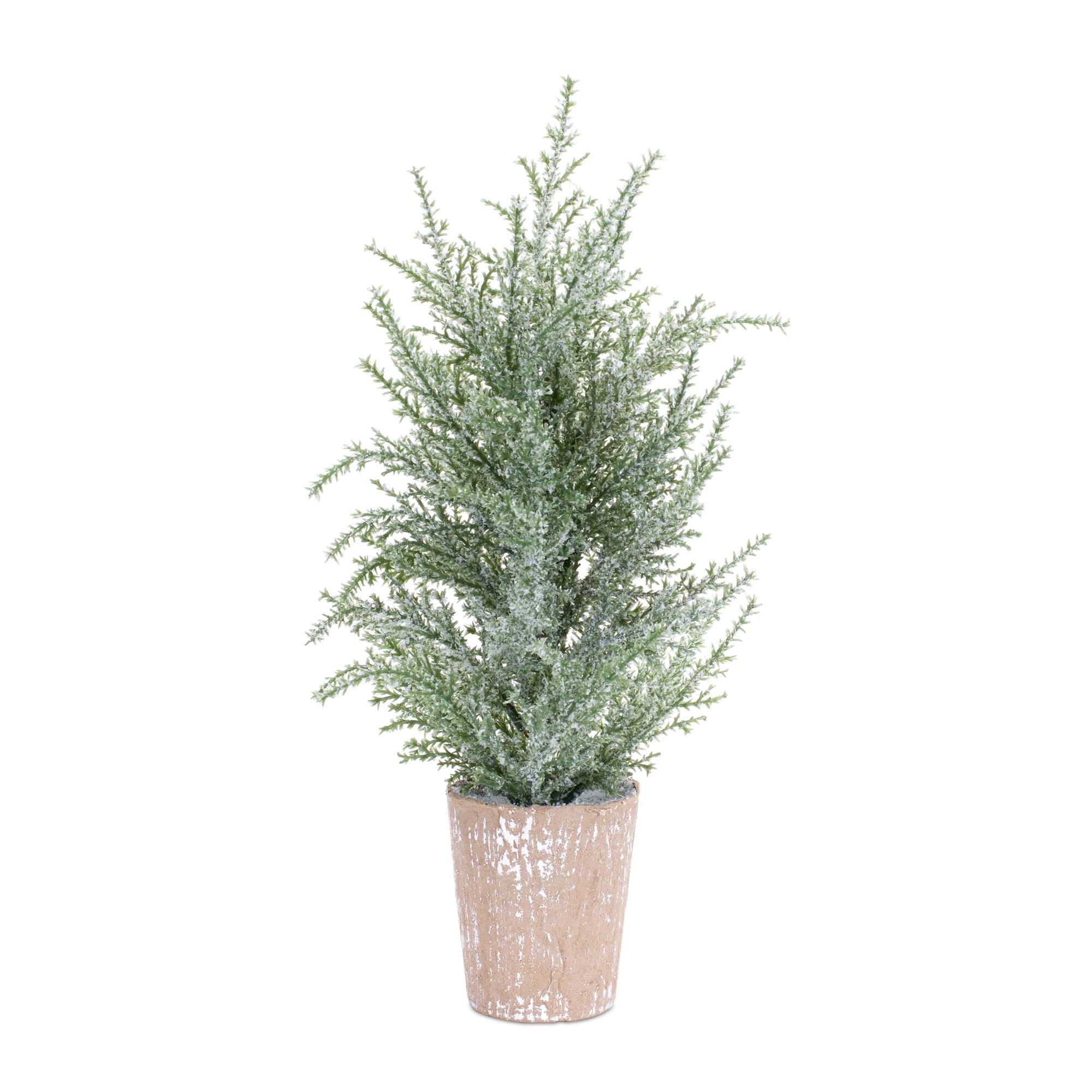 Left. BreeBe - Frosted Holiday Pine Tree in Paper Pot (Set of 4) - Green, White.