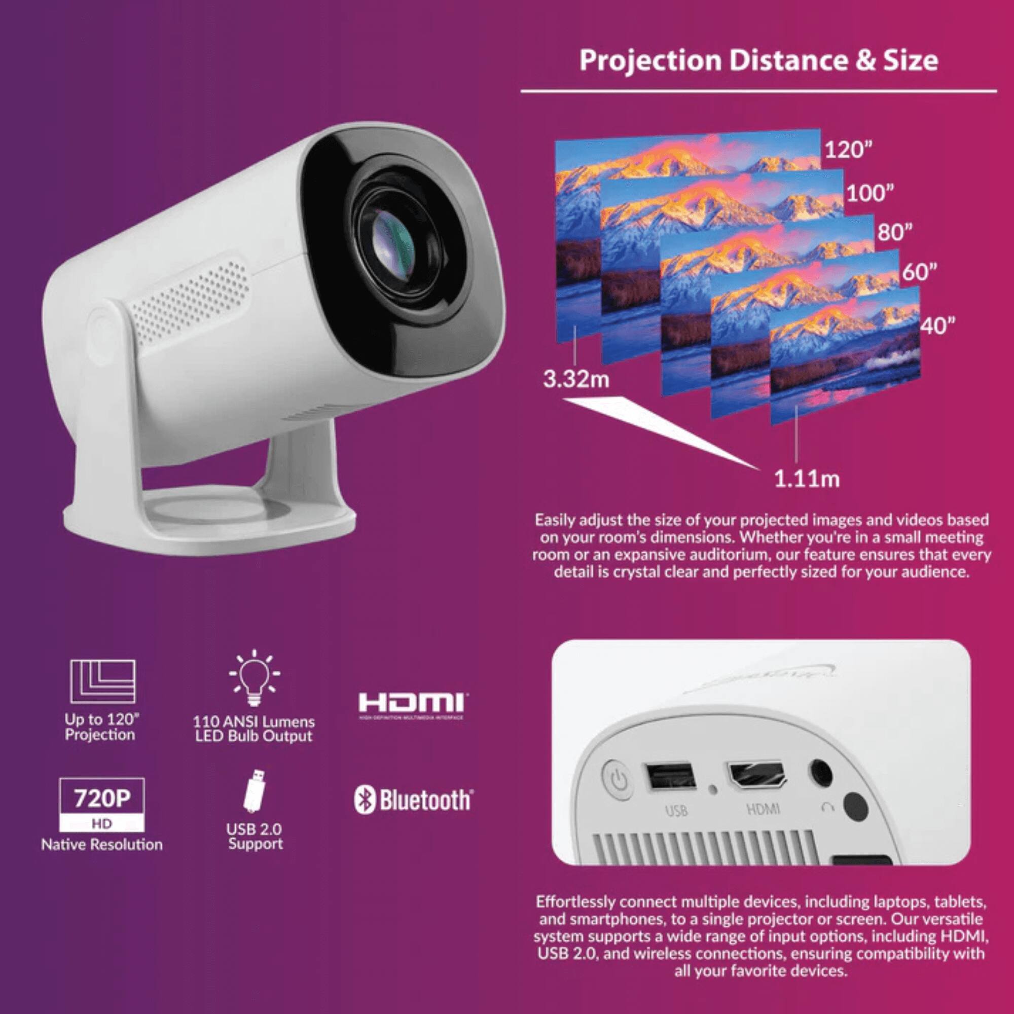 **Projection Distance & Size**

- 120"
- 100"
- 80"
- 60"
- 40"
- 3.32m
- 1.11m

Easily adjust the size of your projected images and videos based on your room's dimensions. Whether you're in a small meeting room or an expansive auditorium, our feature ensures that every detail is crystal clear and perfectly sized for your audience.

**Up to 120" Projection**

**110 ANSI Lumens LED Bulb Output**

**720P HD Native Resolution**

**USB 2.0 Support**

**Bluetooth**

Effortlessly connect multiple devices, including laptops, tablets, and smartphones, to a single projector or screen. Our versatile system supports a wide range of input options, including HDMI, USB 2.0, and wireless connections, ensuring compatibility with all your favorite devices.