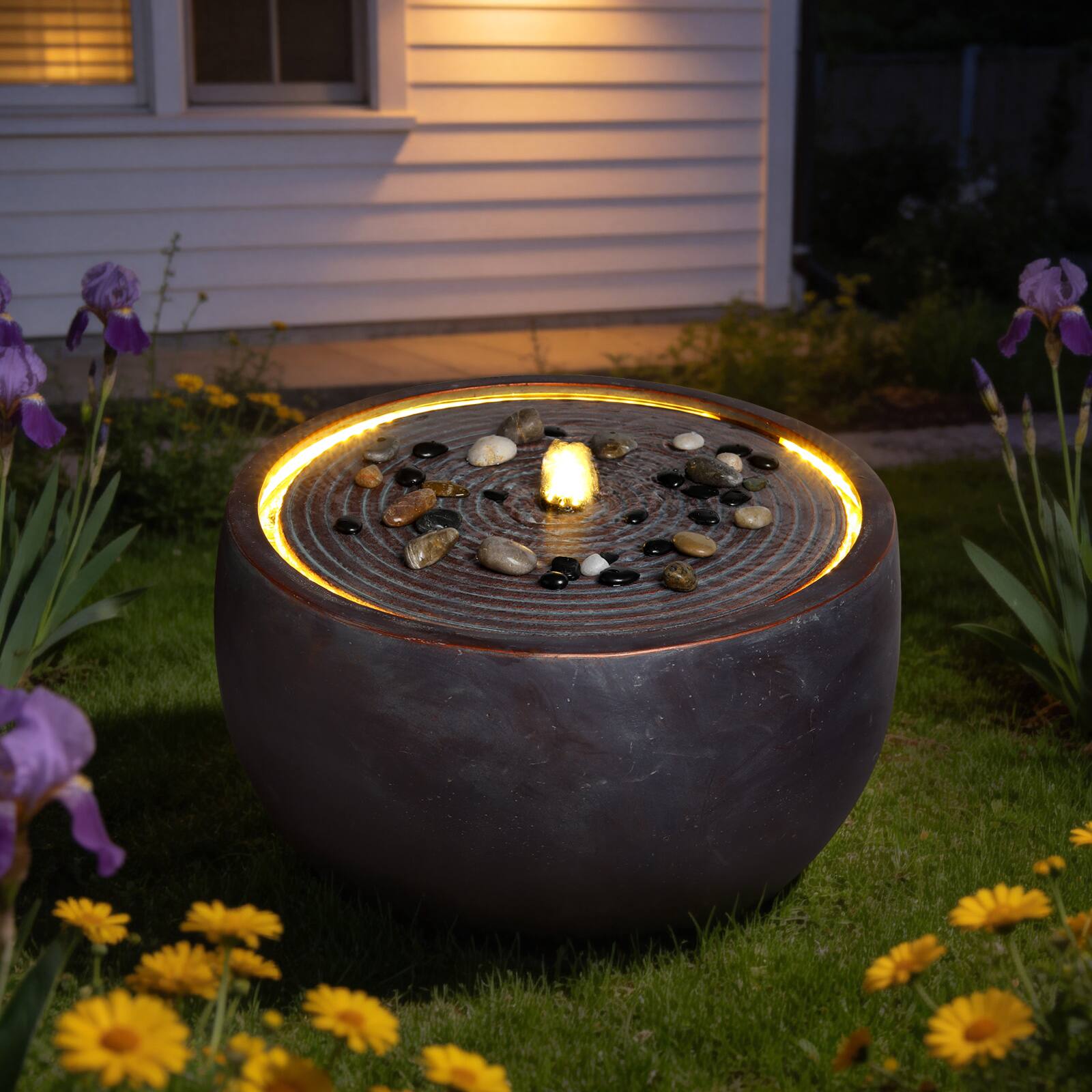 Angle. Anysun - Modern Outdoor Water Fountain Bowl Style – Ripple Top Resin Water Feature for Patio, Yard, Garden, Landscape - Pink Purple.