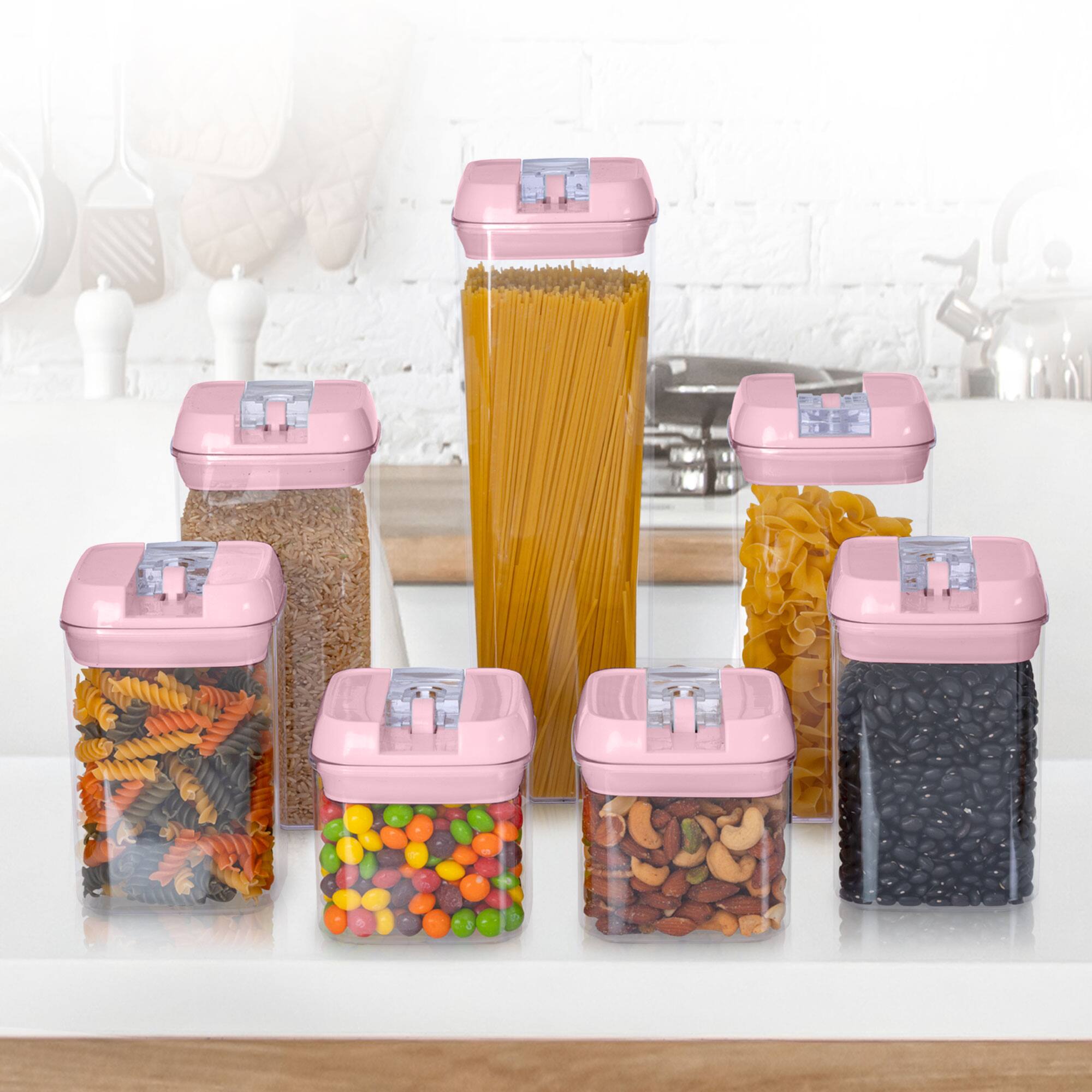 Left. Cheer Collection - 7-Piece Airtight Pantry Food Storage Container Set with Mixed Sizes, Flip-Top Lids & Reusable Labels - Pink.