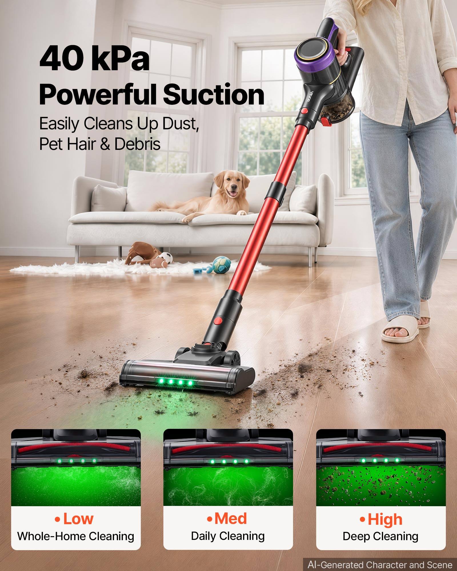 40 kPa Powerful Suction  
Easily Cleans Up Dust, Pet Hair & Debris

VEVOR

Low Whole-Home Cleaning  
Med Daily Cleaning  
High Deep Cleaning

AI-Generated Character and Scene