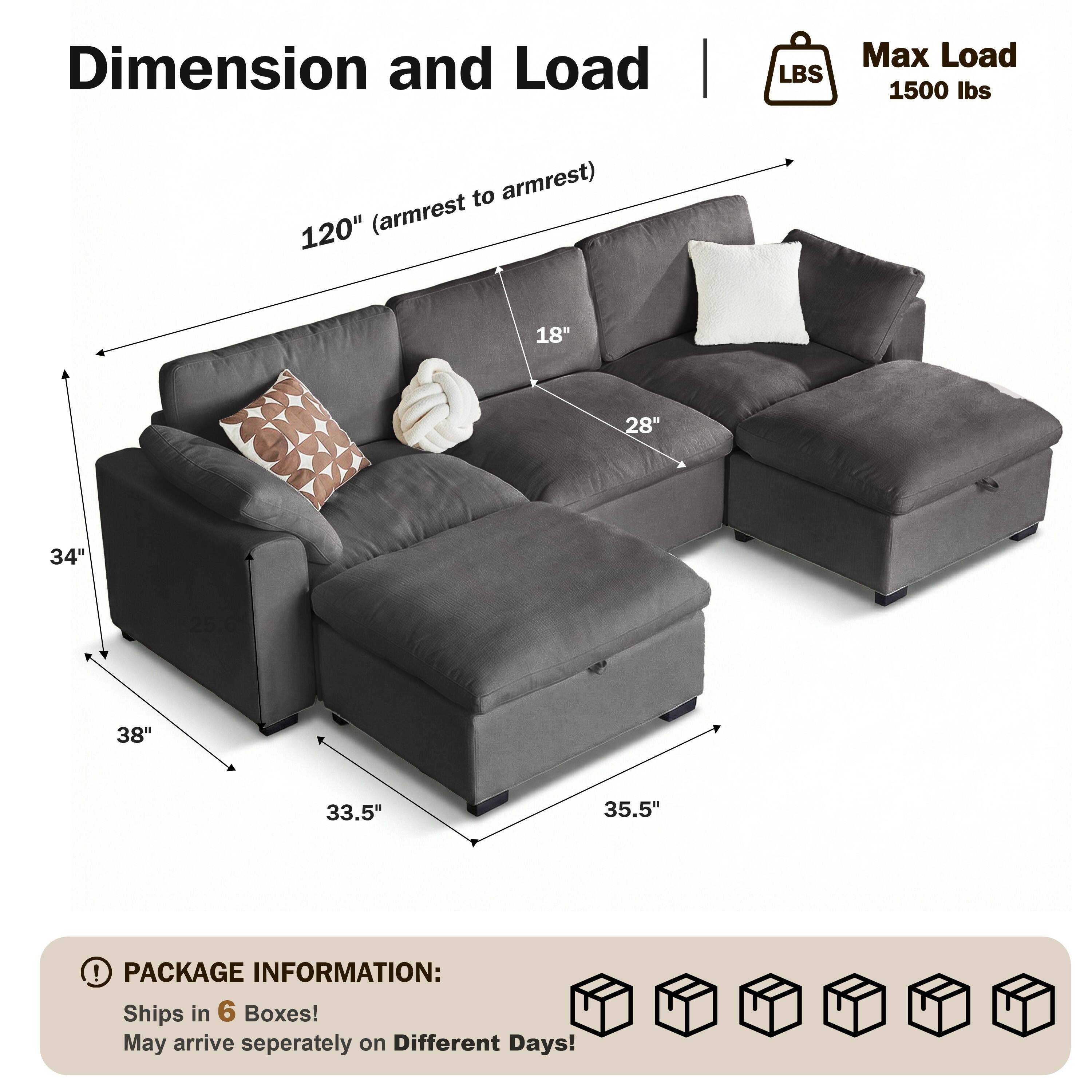 Dimension and Load  
Max Load: 1500 lbs  
120" (armrest to armrest)  
18"  
28"  
34"  
38"  
33.5"  
35.5"  

PACKAGE INFORMATION:  
Ships in 6 Boxes!  
May arrive separately on Different Days!