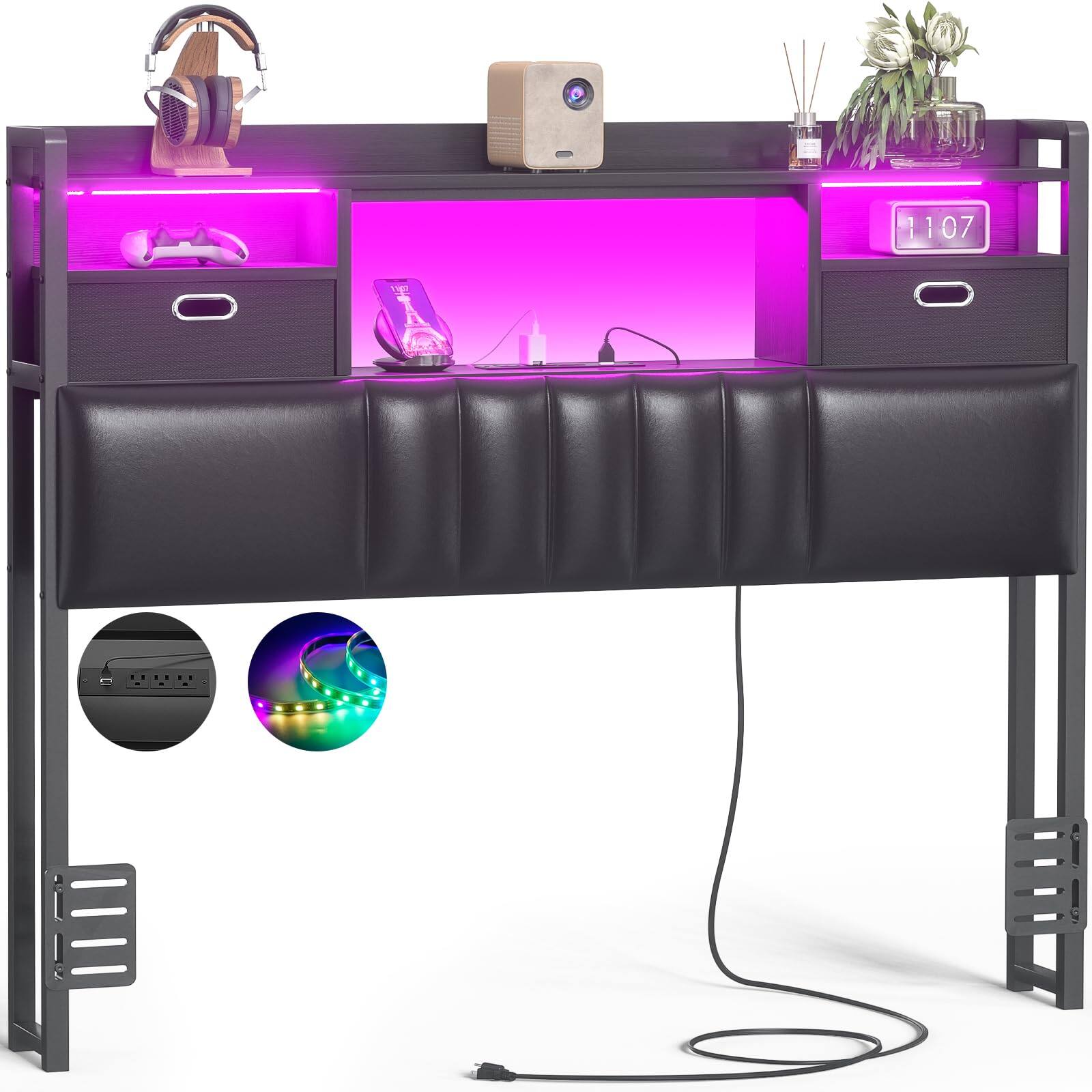 Back. Aheaplus - Upholstered Bookcase Headboard with Storage Drawers, RGB LED Light & Charging Station for Bedroom/Dorm/Guest Room - Black.