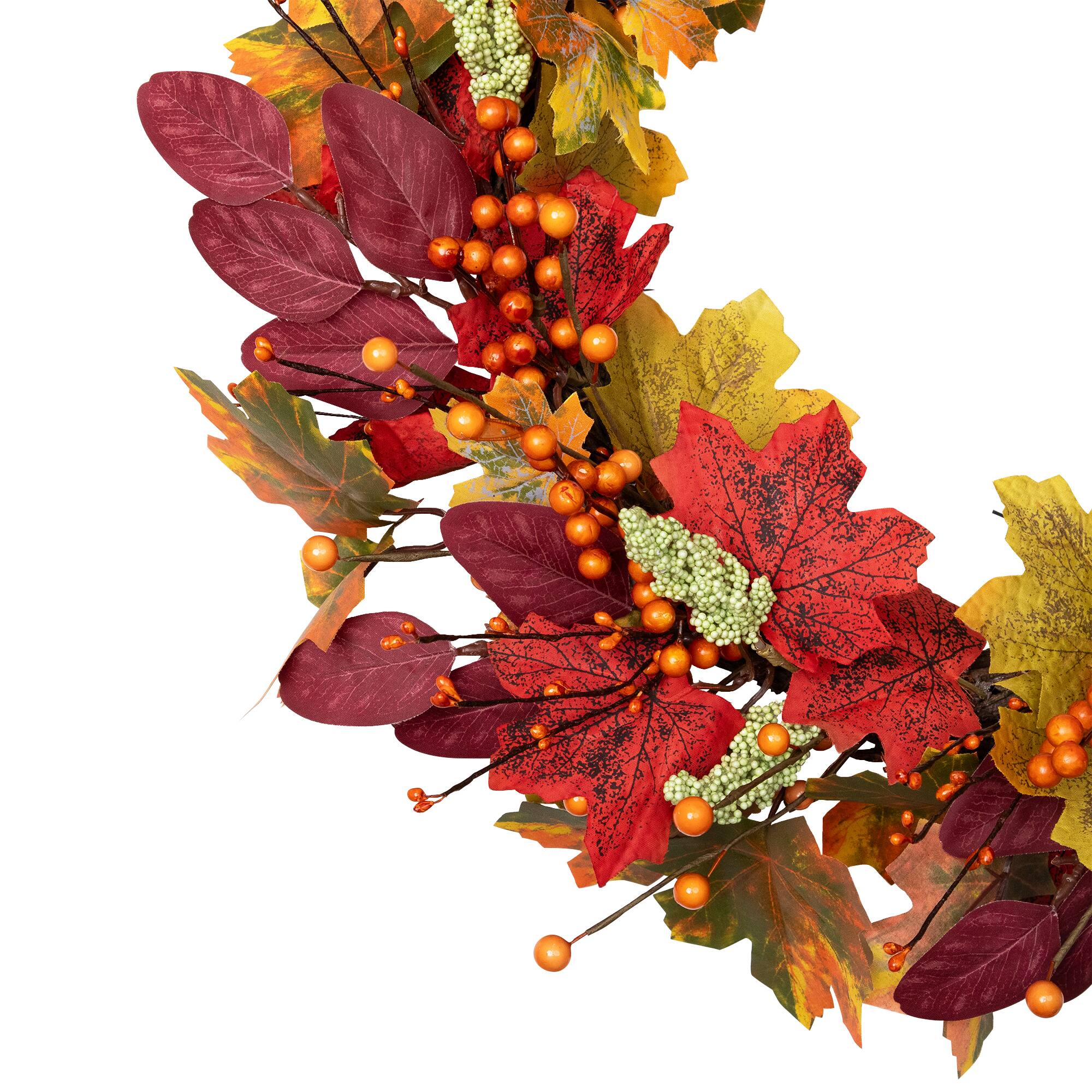 Alt View 4. Northlight - Leaves and Berries Artificial Fall Harvest Wreath - 20" - Red.