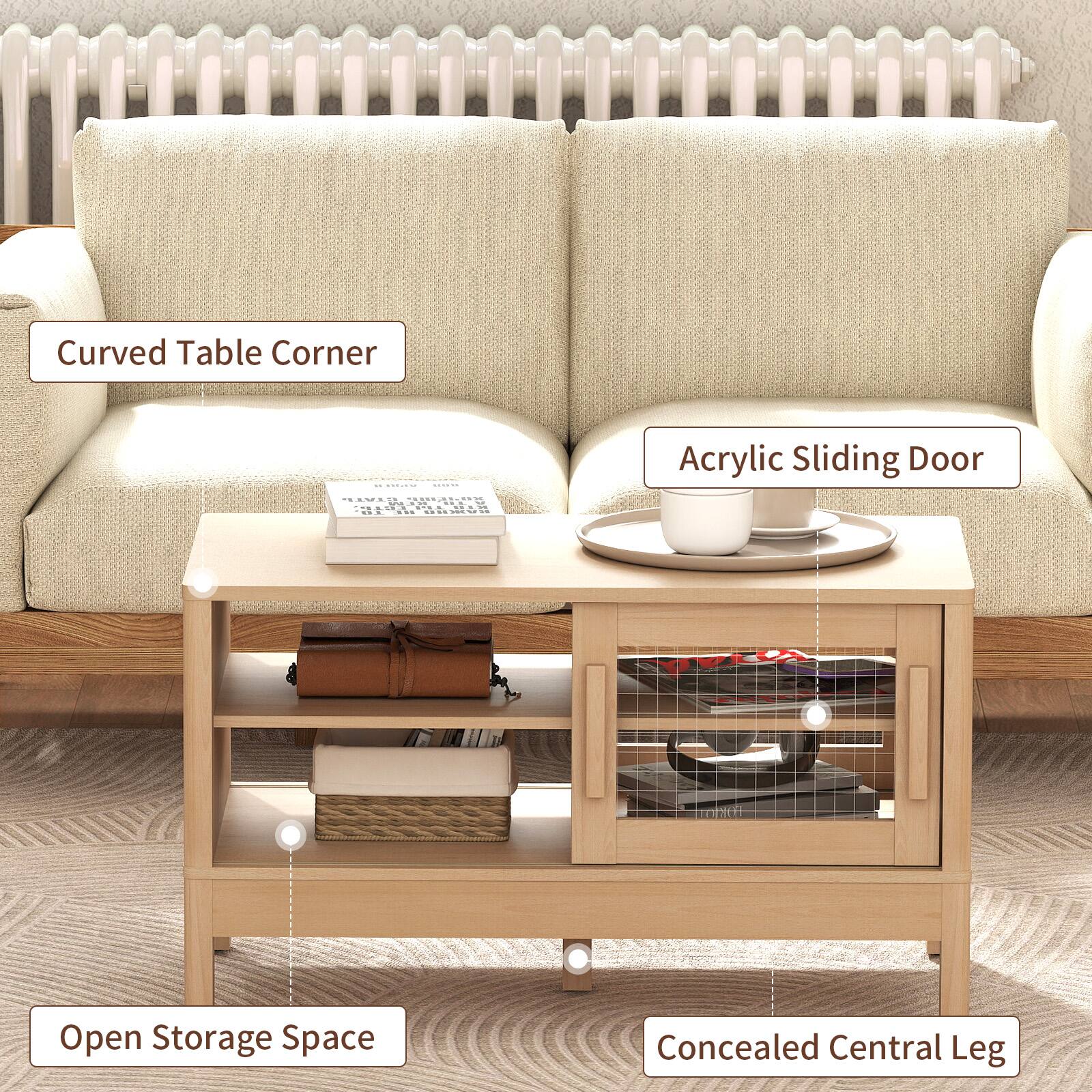 Curved Table Corner  
Acrylic Sliding Door  
Open Storage Space  
Concealed Central Leg