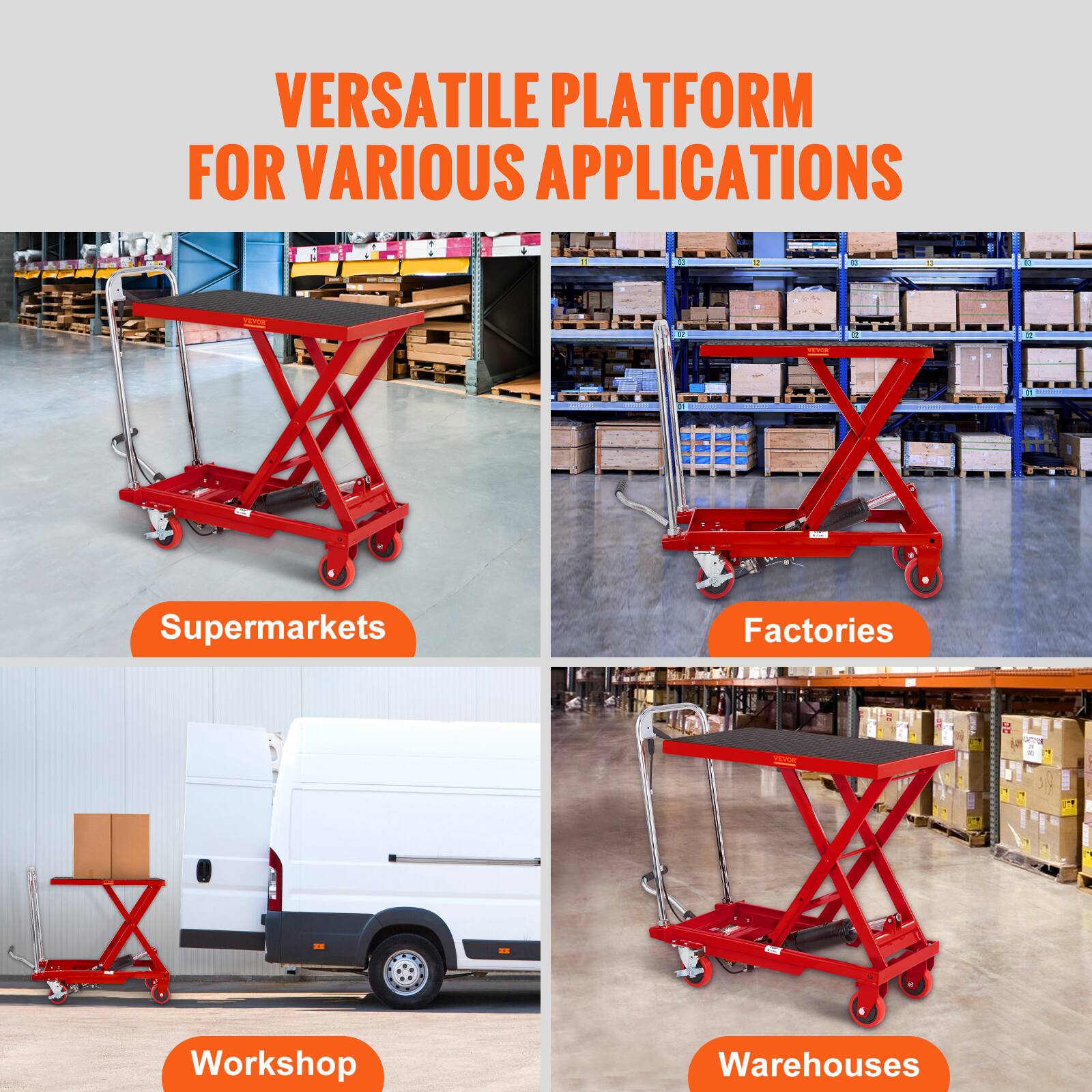 VERSATILE PLATFORM FOR VARIOUS APPLICATIONS

Supermarkets  
Factories  
Workshop  
Warehouses