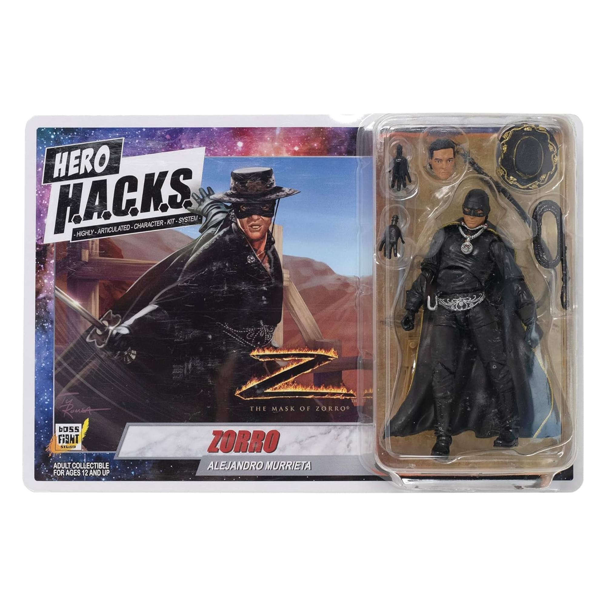 HERO HACKS.  
HIGHLY ARTICULATED CHARACTER KIT SYSTEM  
THE MASK OF ZORRO  
ZORRO ALEJANDRO MURRIETA  
ADULT COLLECTIBLE FOR AGES 12 AND UP