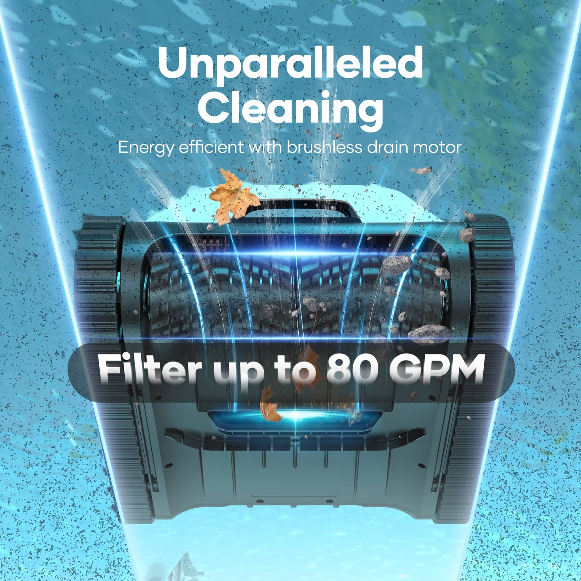The text on the image is grouped and corrected as follows:
"Unparalleled Cleaning: Energy efficient with brushless drain motor. Filter up to 80 GPM."