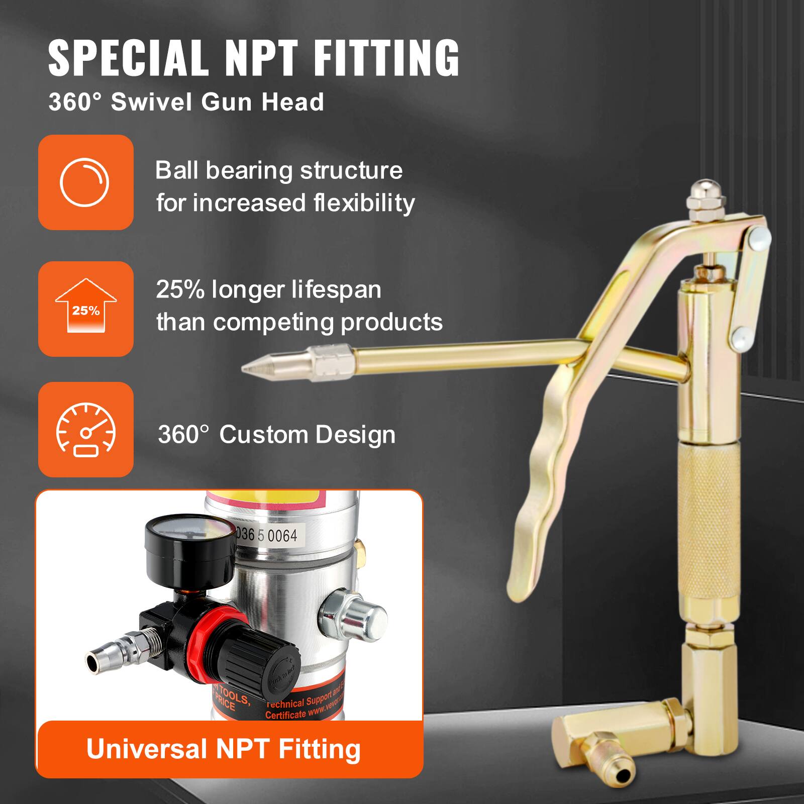 SPECIAL NPT FITTING  
360° Swivel Gun Head  

- Ball bearing structure for increased flexibility  
- 25% longer lifespan than competing products  
- 360° Custom Design  

Universal NPT Fitting  

036 5 0064  
TOOLS, technical Support, Certificate www.