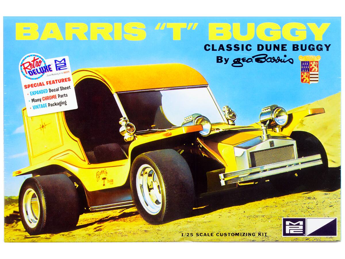 BARRIS "T" BUGGY  
CLASSIC DUNE BUGGY  
By geo Barris  

Retro DELUXE  
Scale Modeling at its BEST  

SPECIAL FEATURES  
- EXPANDED Decal Sheet  
- Many CHROME Parts  
- VINTAGE Packaging  

1/25 SCALE CUSTOMIZING KIT