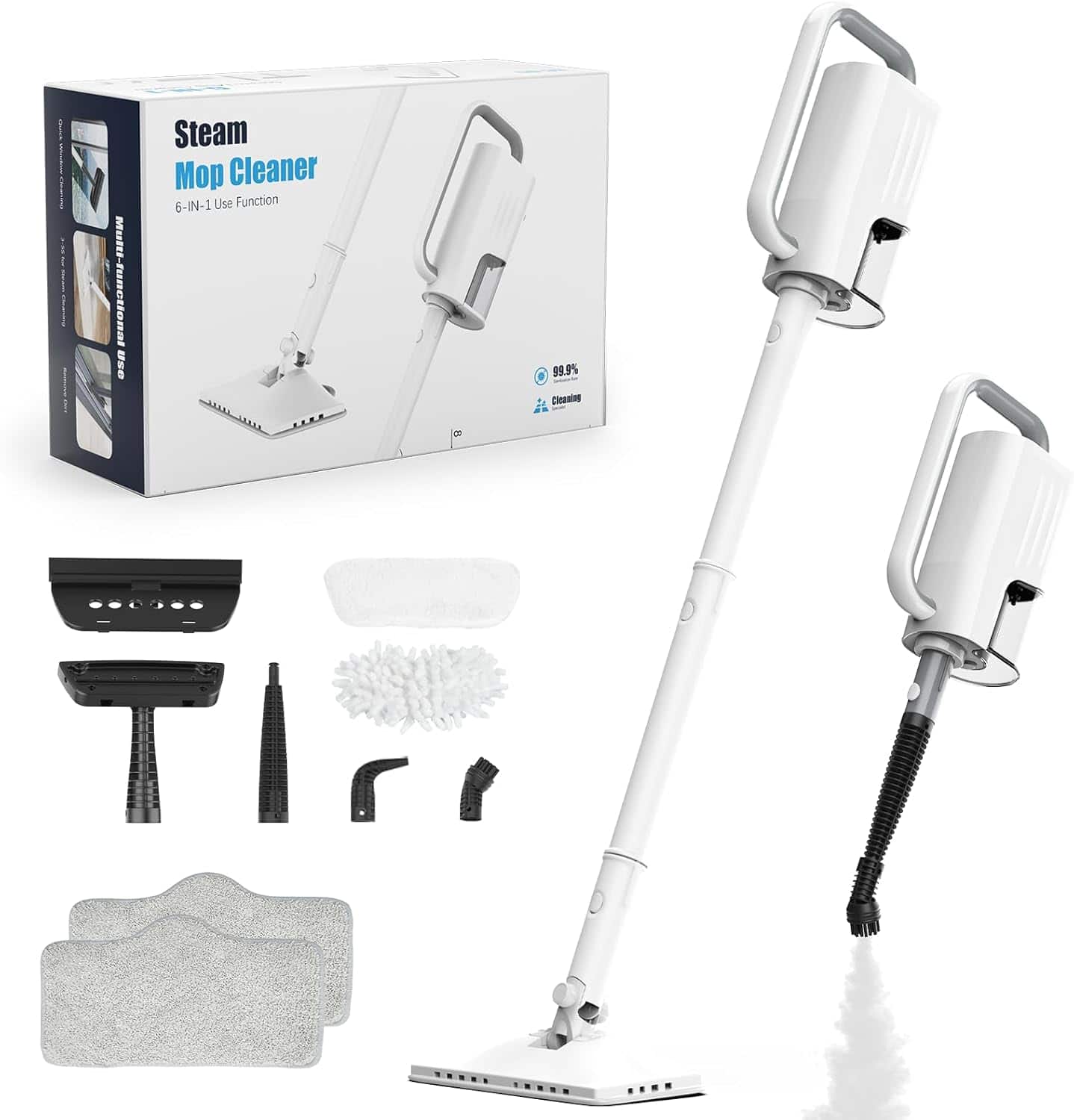 Teendow - 6-in-1 Steam Mop for Floor Cleaning, Multi-Function Steam Vacuum Cleaner for Hardwood Floors and Carpet - White