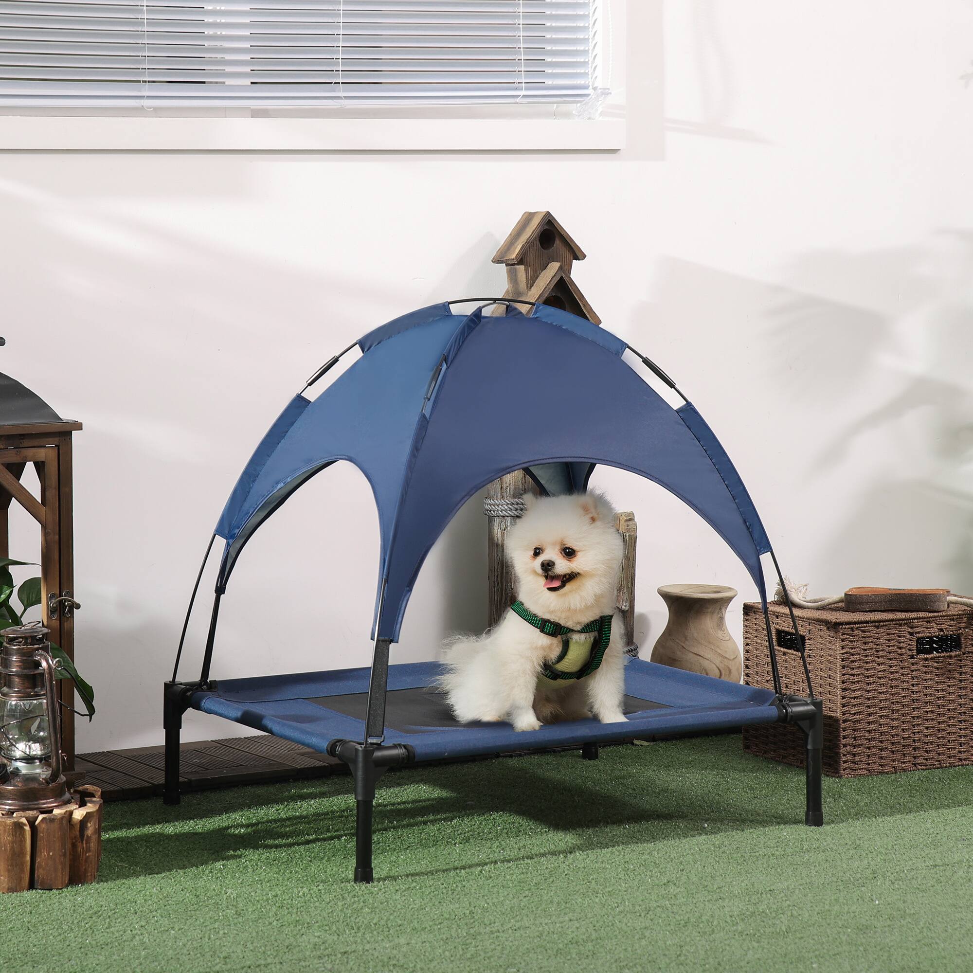 Alt View 1. Pawhut - Elevated Portable Dog Cot Pet Bed with UV Protection Canopy Shade, 30 inch - Blue.