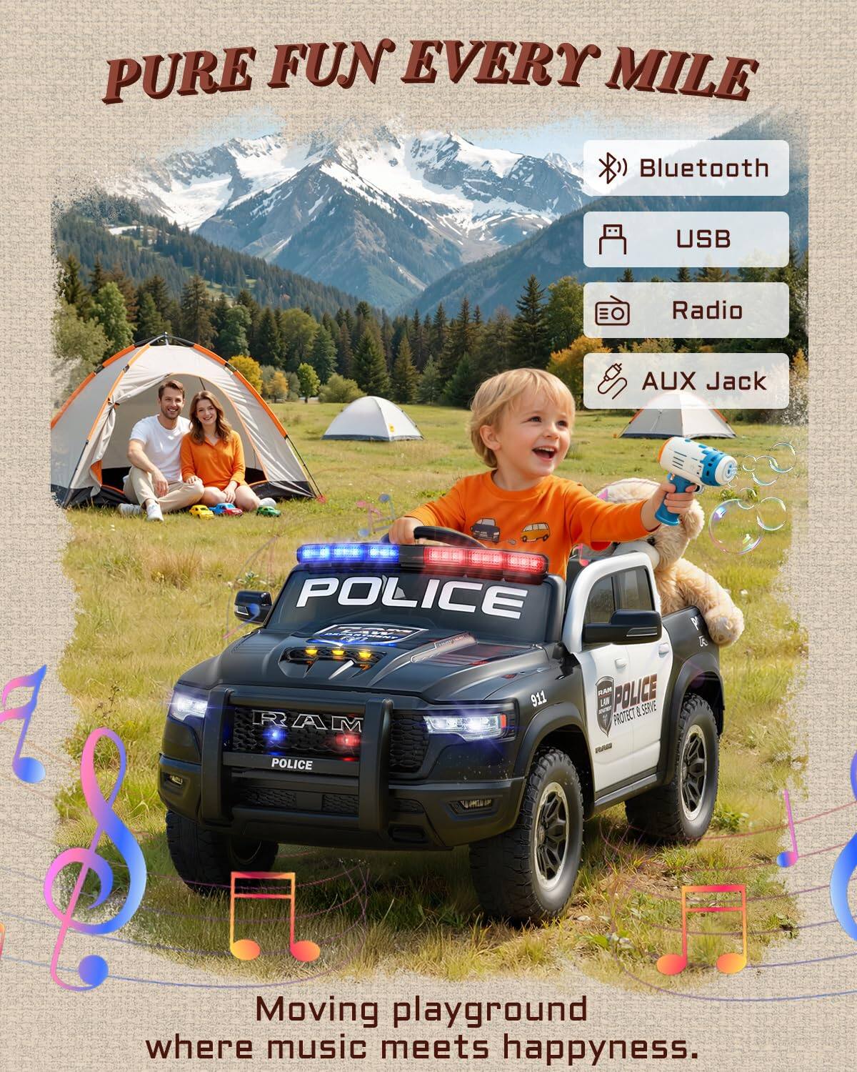 PURE FUN EVERY MILE

Bluetooth USB Radio AUX Jack

POLICE F E RAN POLICE 911 LA PROTECT & SERVE 1 RAM POLICE 3

Moving playground where music meets happiness.