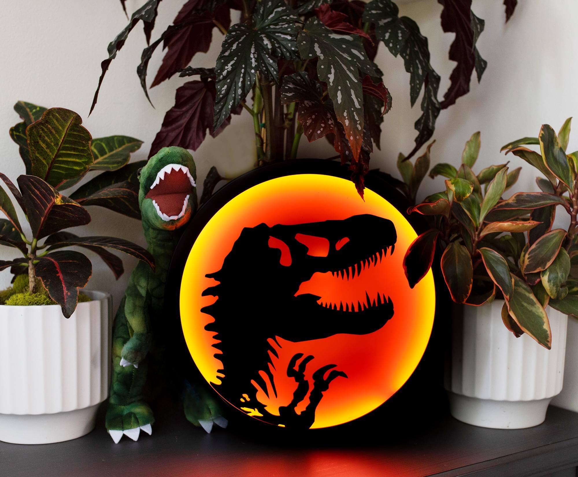 Alt View 2. Ukonic - Jurassic Park T-Rex Logo LED Wall Light Sign | 12 Inches Tall - Red.