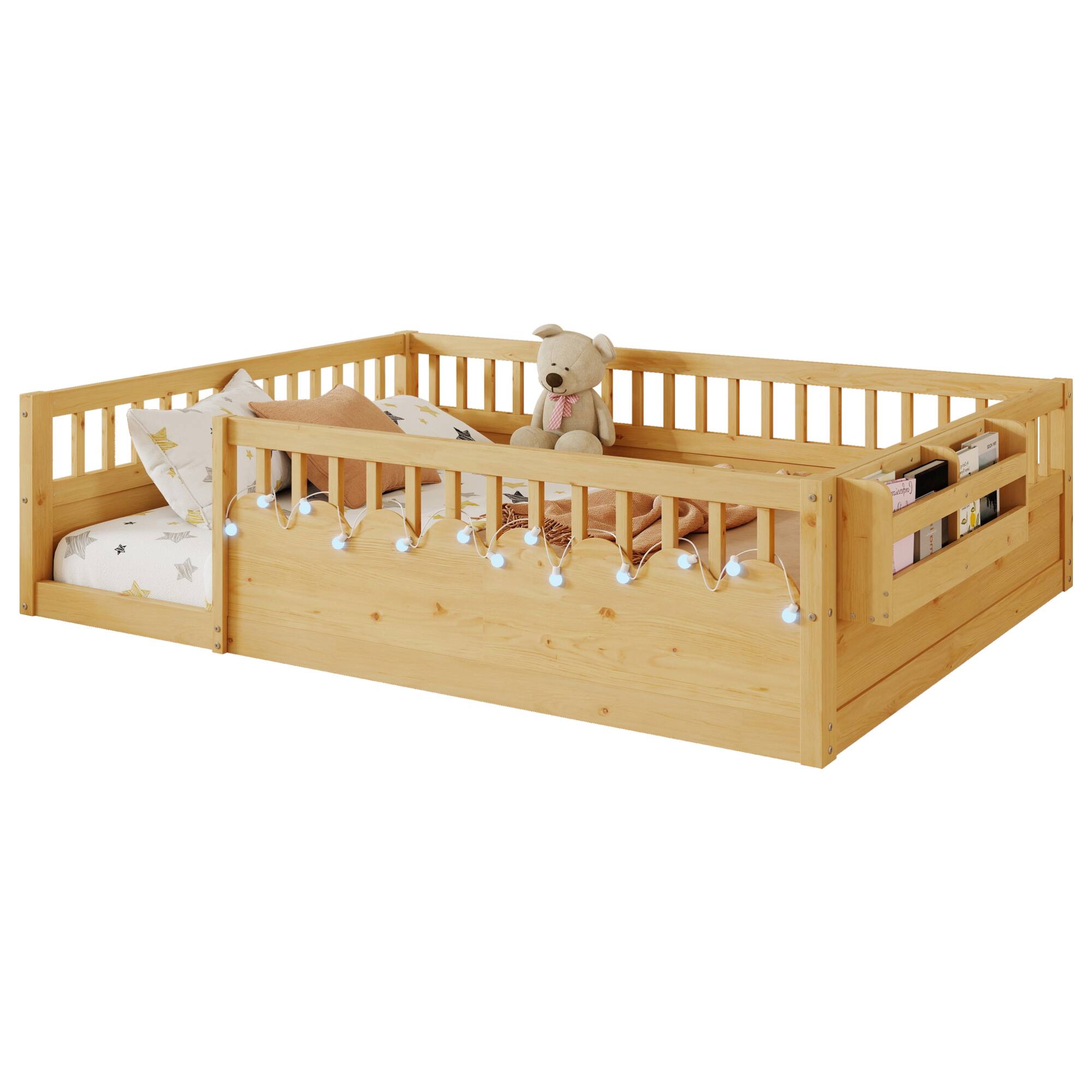 Alt View 10. GOODSILO - Full Size Low Profile Children's Floor Bed Frame Integrated LED Lighting and Convenient Storage Shelf - Natural.