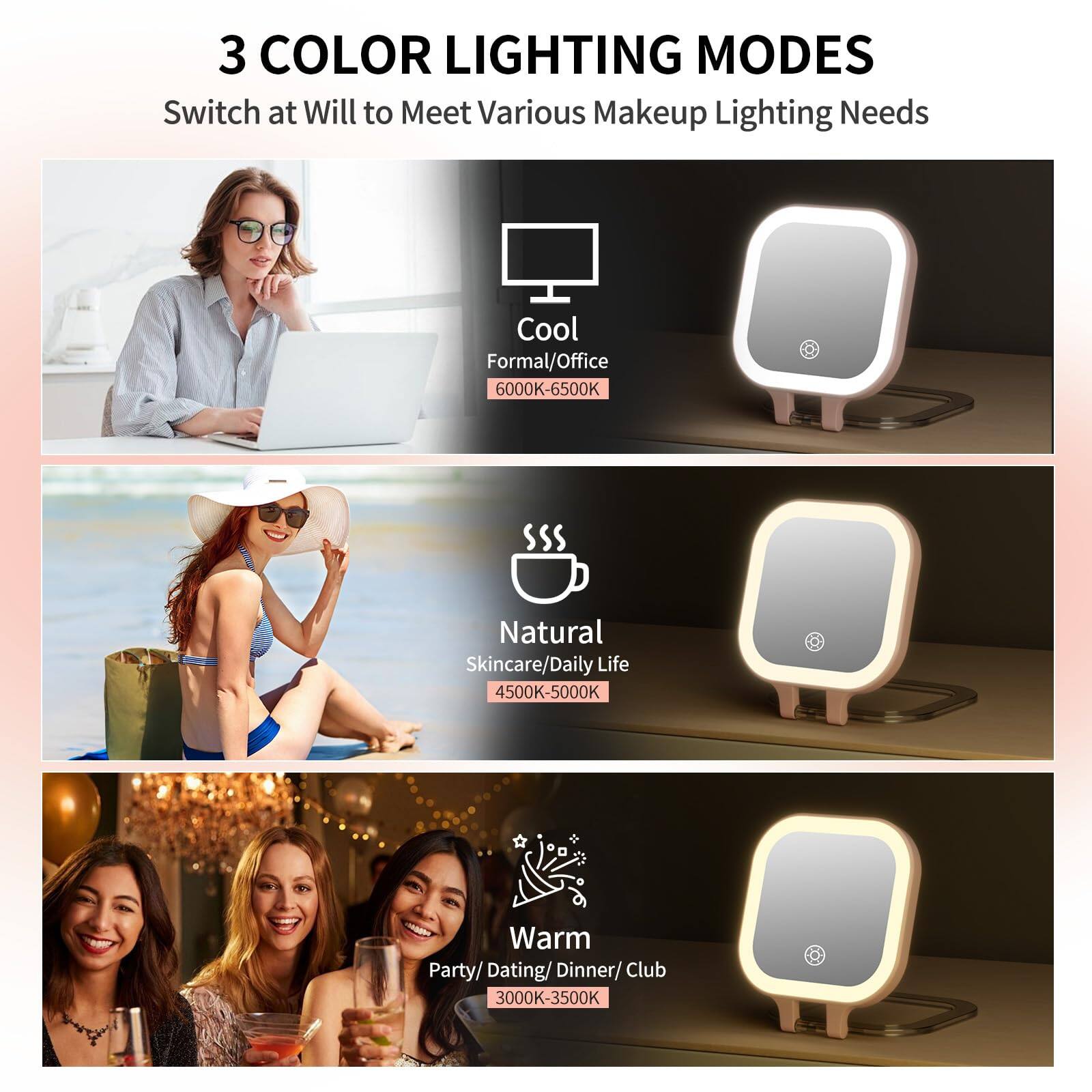 3 COLOR LIGHTING MODES  
Switch at Will to Meet Various Makeup Lighting Needs  

Cool  
Formal/Office  
6000K-6500K  

Natural  
Skincare/Daily Life  
4500K-5000K  

Warm  
Party/Dating/Dinner/Club  
3000K-3500K