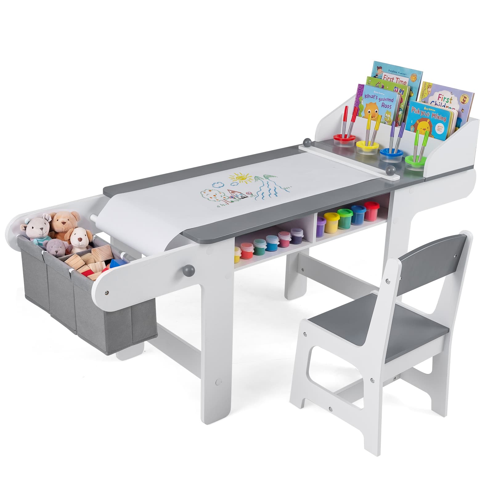 Gymax - Wooden Kids Art Table & Chair Set w/Paper Roll&Fabric Bins for Drawing Reading - Gray