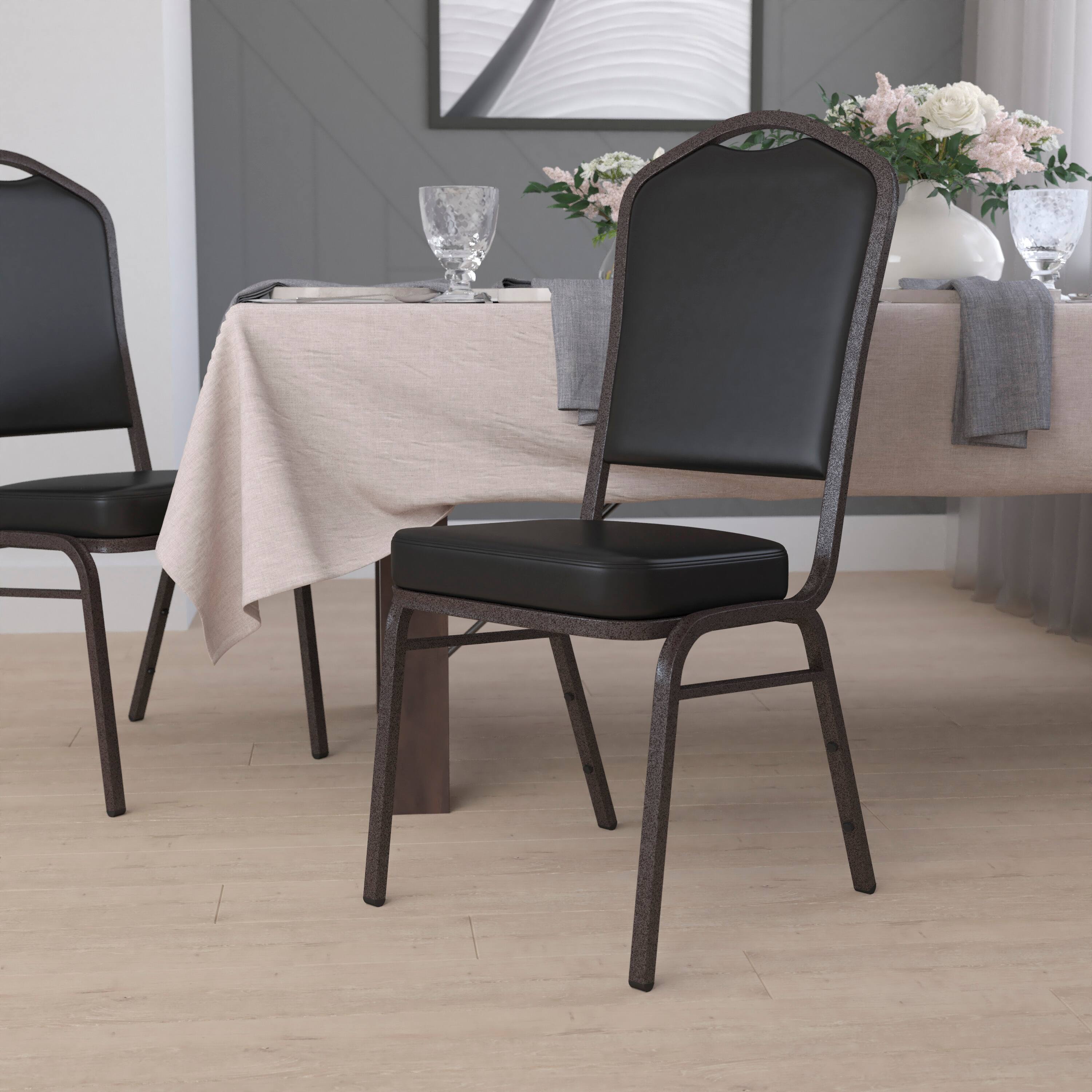 Alt View 1. Emma + Oliver - Crown Back Stacking Banquet Dining Chair - Black Vinyl/Gold Vein Frame.