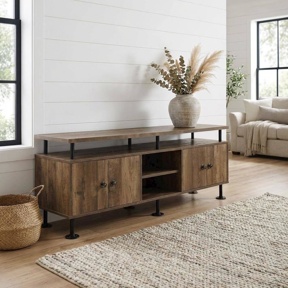 Alt View 1. FurniFact - Rustic Oak, Black Finish TV Stand, Industrial Style, Multi-Color Design - Brown.