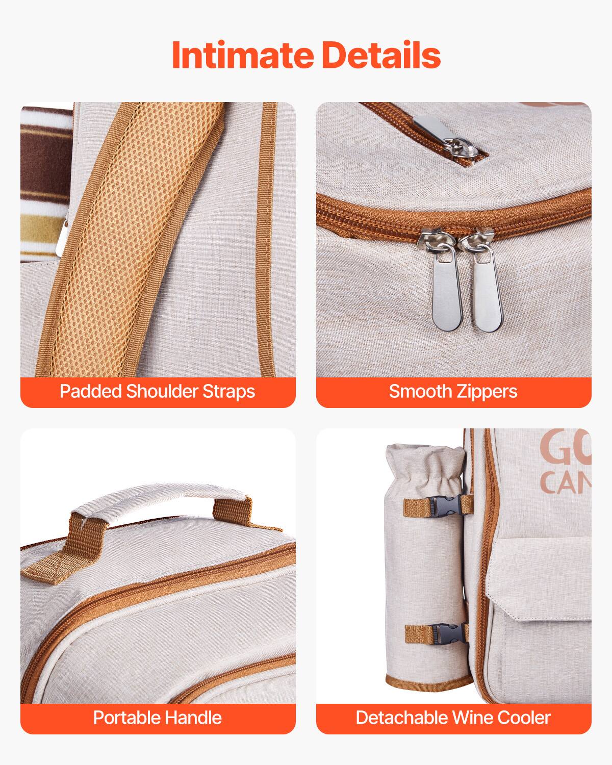 Intimate Details

- Padded Shoulder Straps
- Smooth Zippers
- Portable Handle
- Detachable Wine Cooler