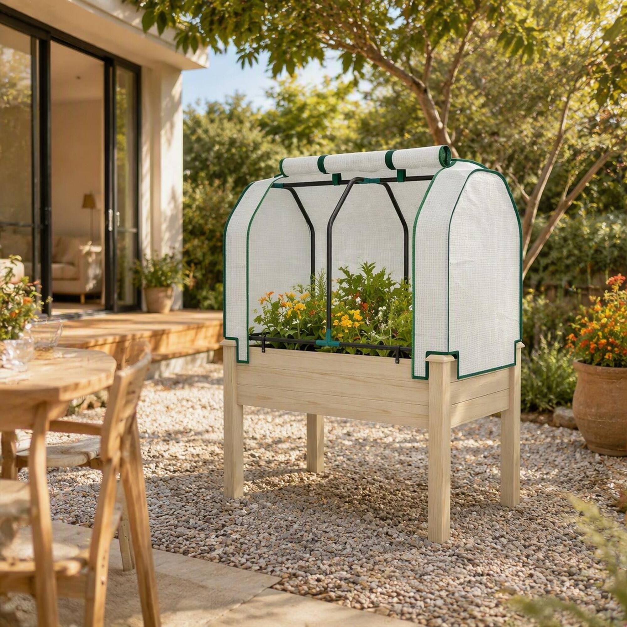 Left. RYHNUYNE - Compact Outdoor Raised Garden Bed with Fir Wood and Steel Frame, Breathable Fabric Planter Box with Roll-Up PE - Natural Wood.