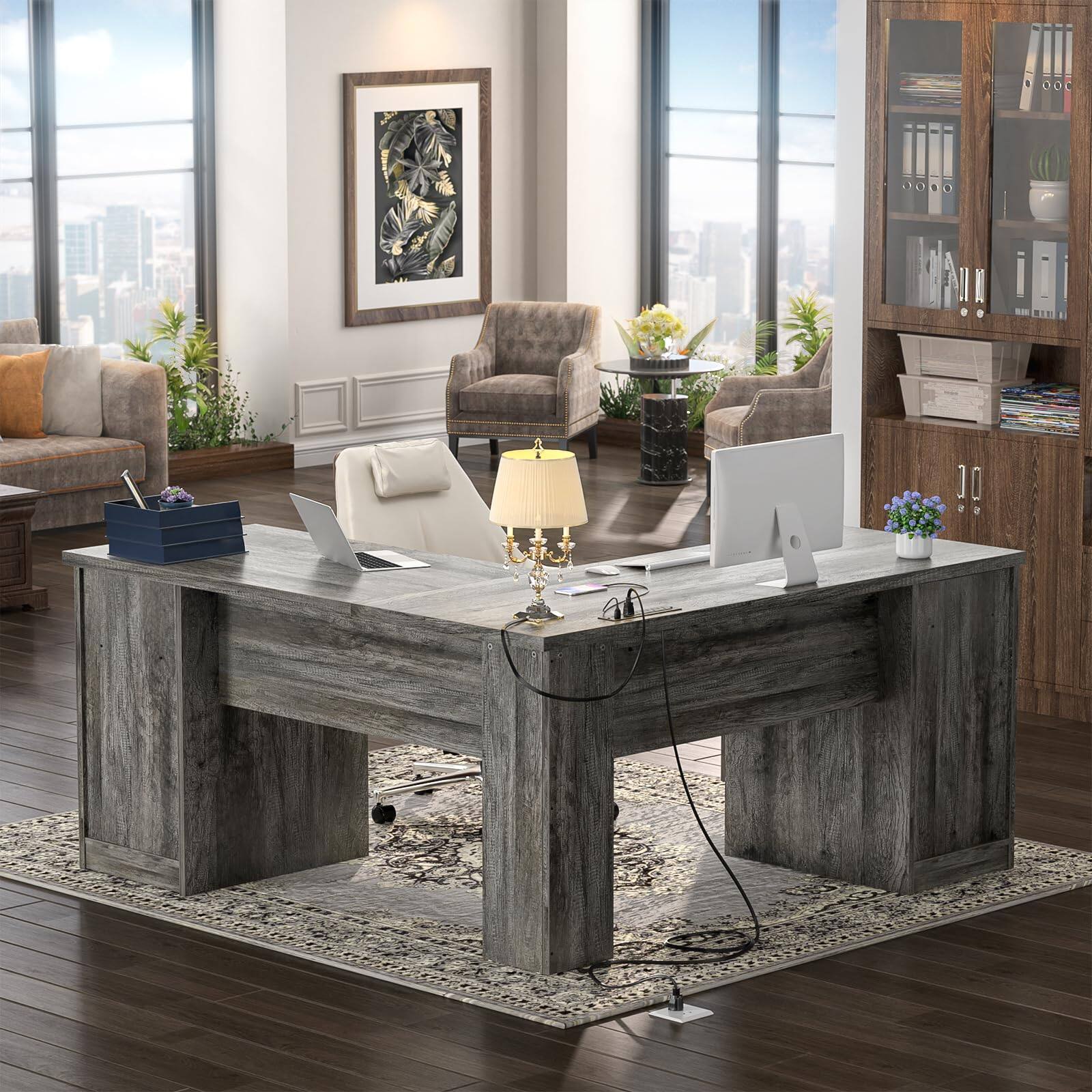 Back. Aheaplus - 60"L-Shaped Corner Desk - Sturdy 2-Person Executive Desk with Storage/File Cabinets & Power/USB Ports - Gray Oak.